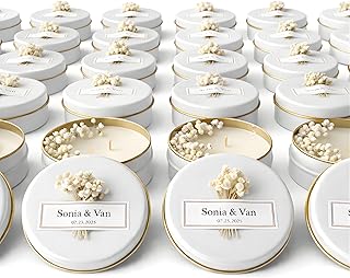 Personalized Scented Soy Wax Candle Favors with Dried Flowers, White Tin...