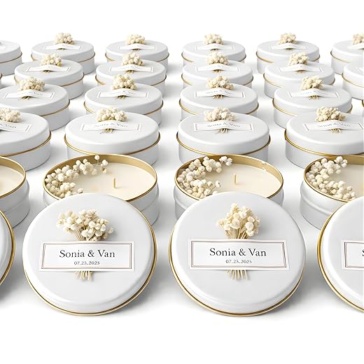 Personalized Scented Soy Wax Candle Favors with Dried Flowers, White Tin Guest Gifts for Weddings, Bridal & Baby Showers, Bulk Sets (10–200 Count)
