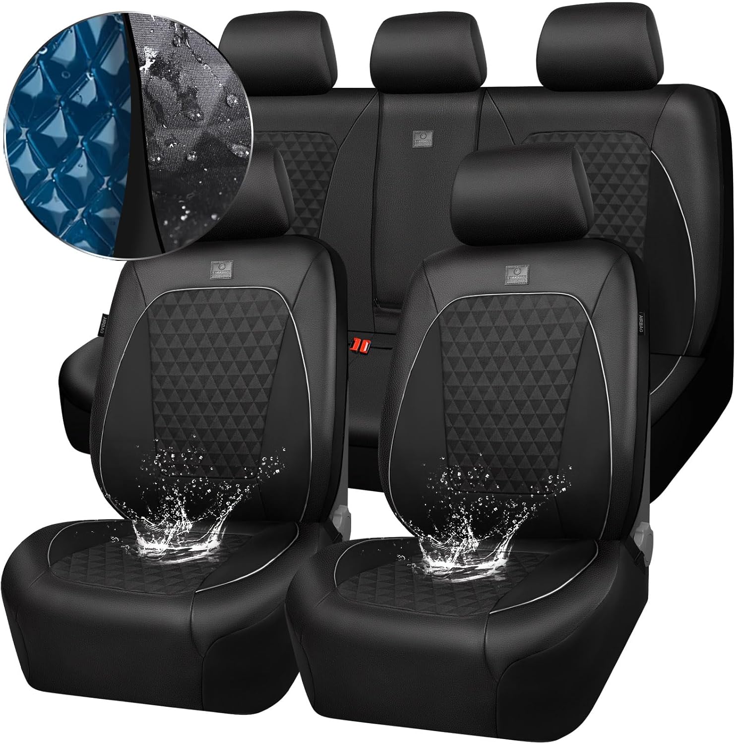 CAR PASS Leather Car Seat Covers Gel Wetsuit PU Full Set Seat Cover Waterproof EVA All Weather Neoprene Universal Fit Pickup SUV Truck Sedan Automotive, Armrest Airbag Compatible, Rhombic Silver Strip