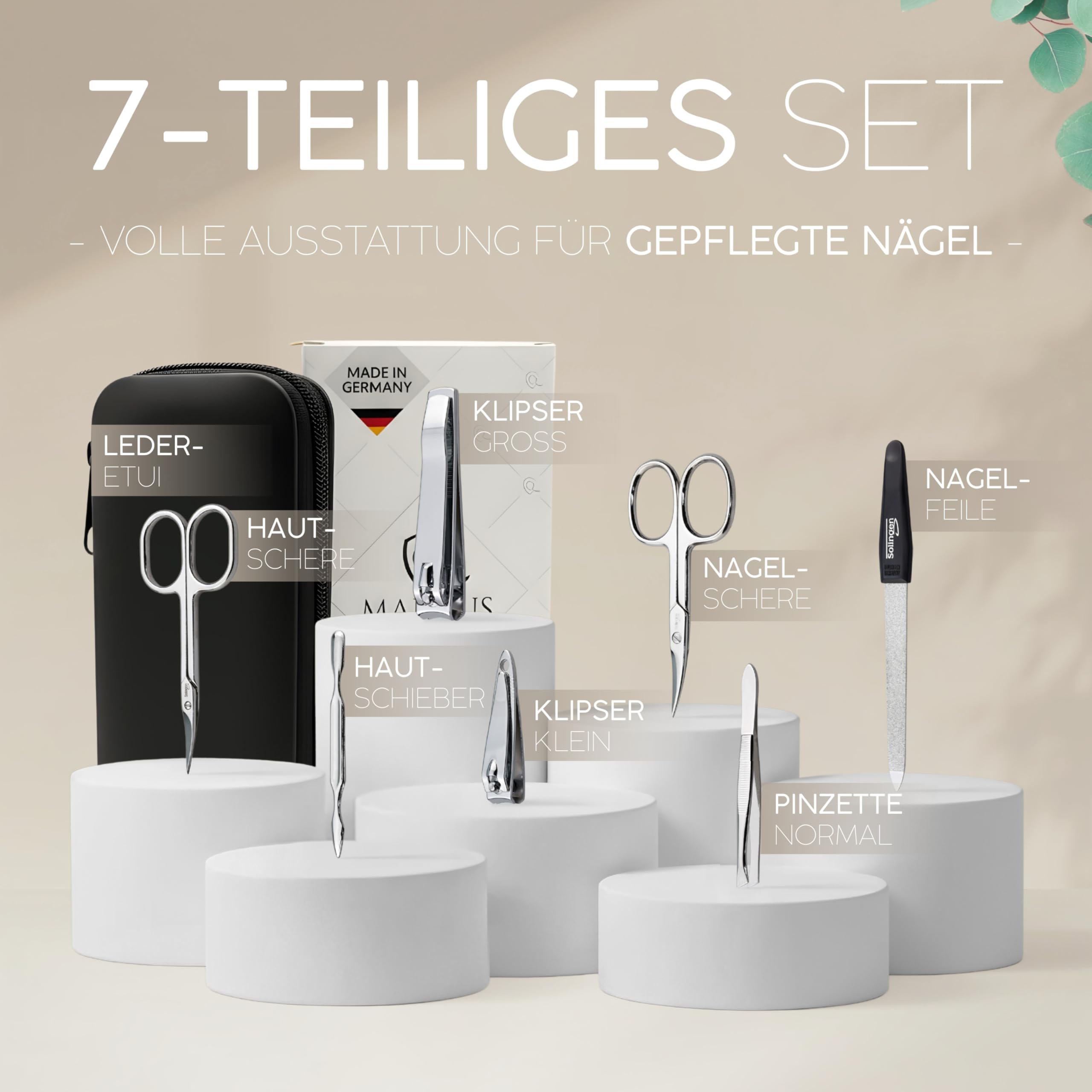 Solingen Maniküre-Set - Vergleichsgewinner mit bestem Preis/Leistung - Echtes Ledertasche praktisch und weich - 7-teiliger kompletter Satz für Damen und Herren MarQus aus glänzendem vernickeltem Stahl