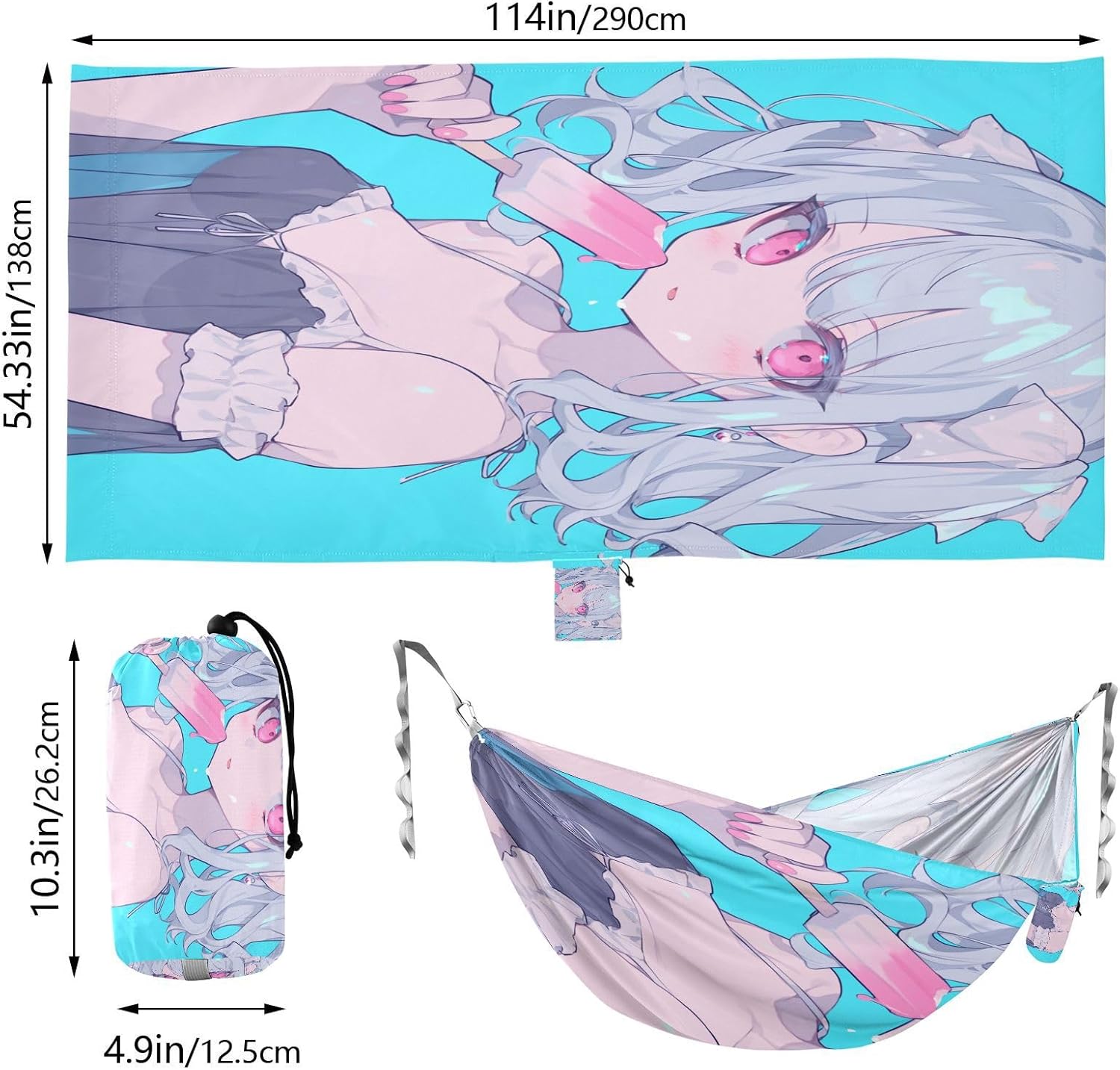 Mint Blue Fresh Girl Anime Camping Hammocks with Hanging Rope Fabric Hammock for Outside Camping Essentials