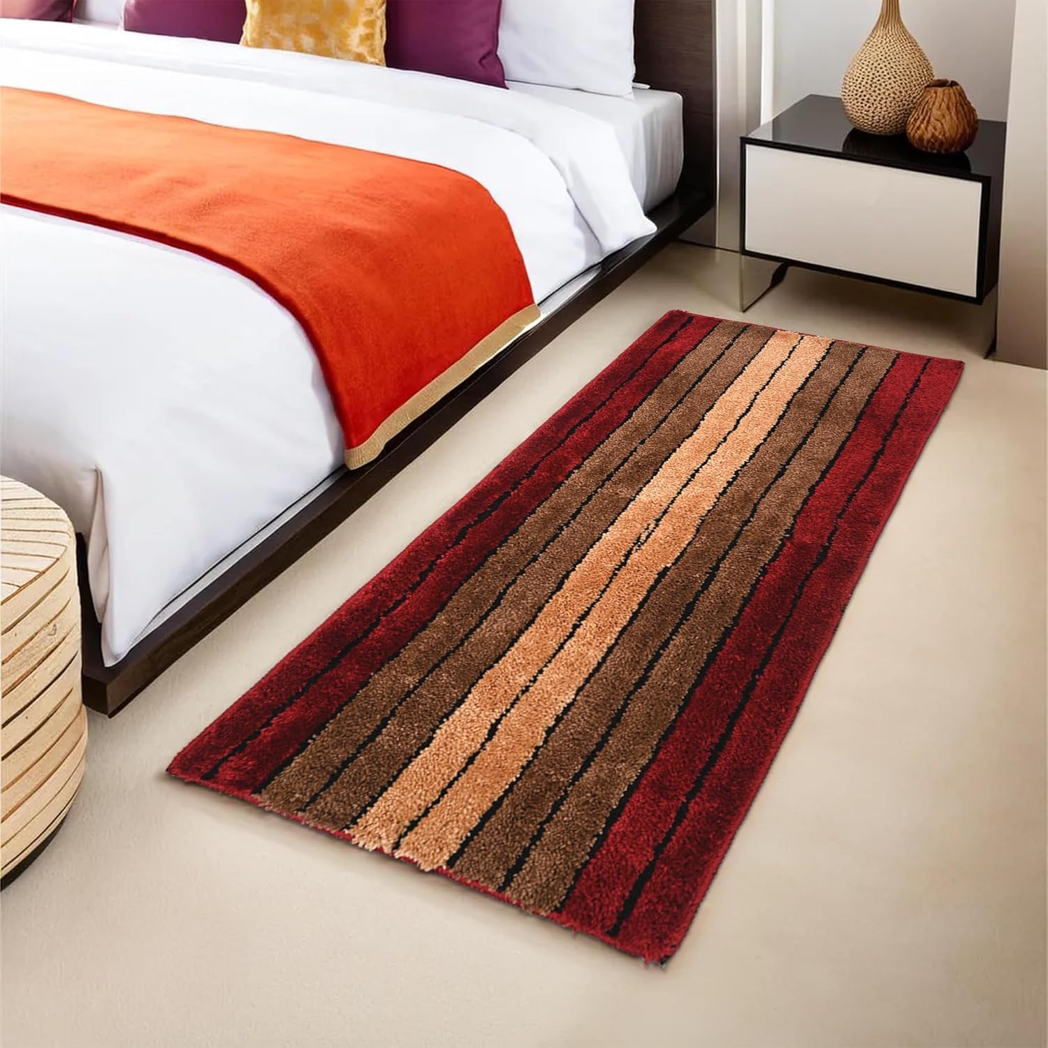 kuber industries 2x4 feet anti skid runner for bedroom & living room | durable bedside carpet & kitchen runner for floor | foldable rugs & mat for home | stripes - red & brown