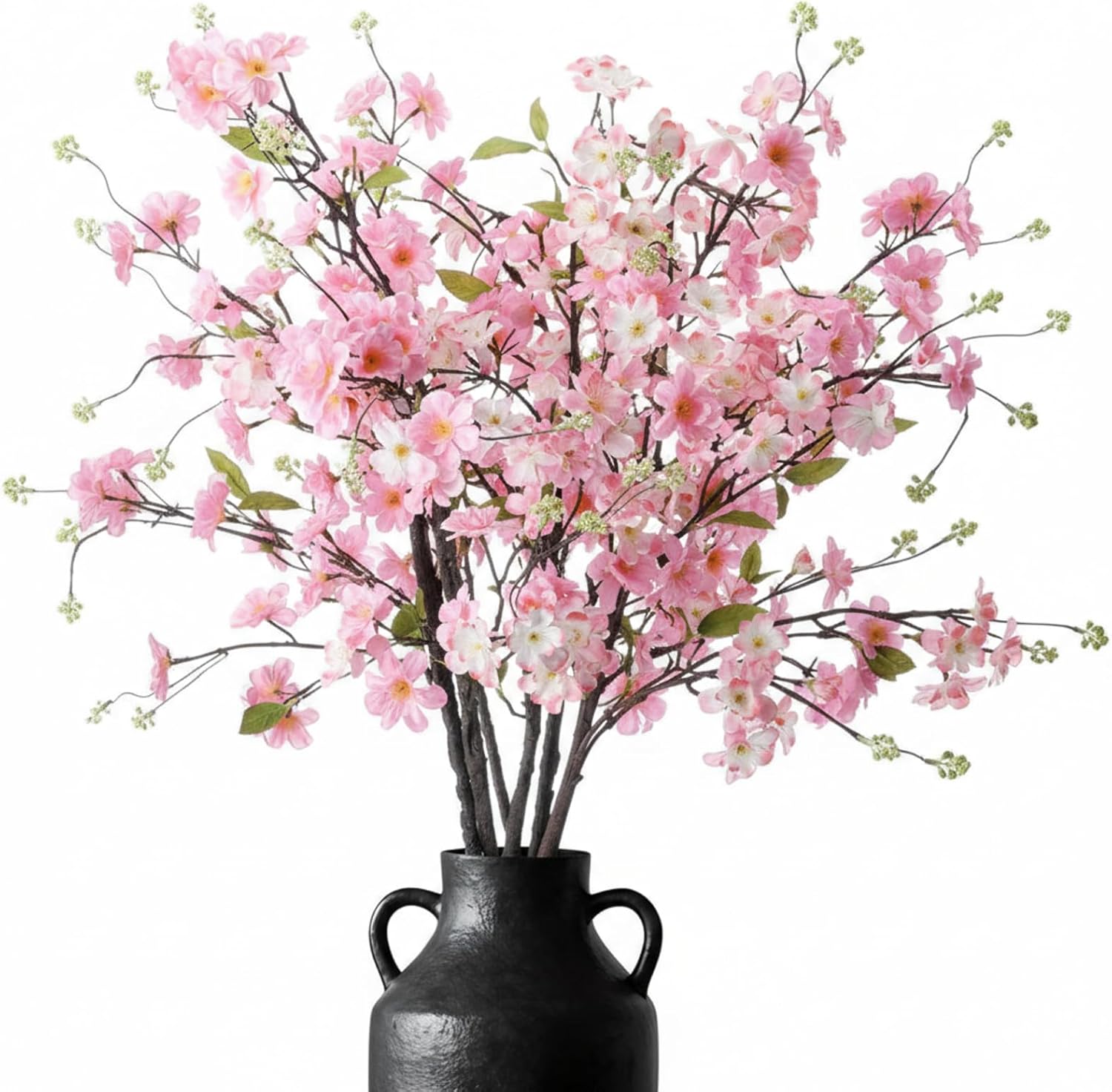 Giegxin 35in Pink Artificial Cherry Blossom Branches Fake Spring Faux Cherry Blossom Branch Intertwined with Green Budding Long Stem 3 Pcs for Vase Floral Arrangement Wedding Party Spring Decoration