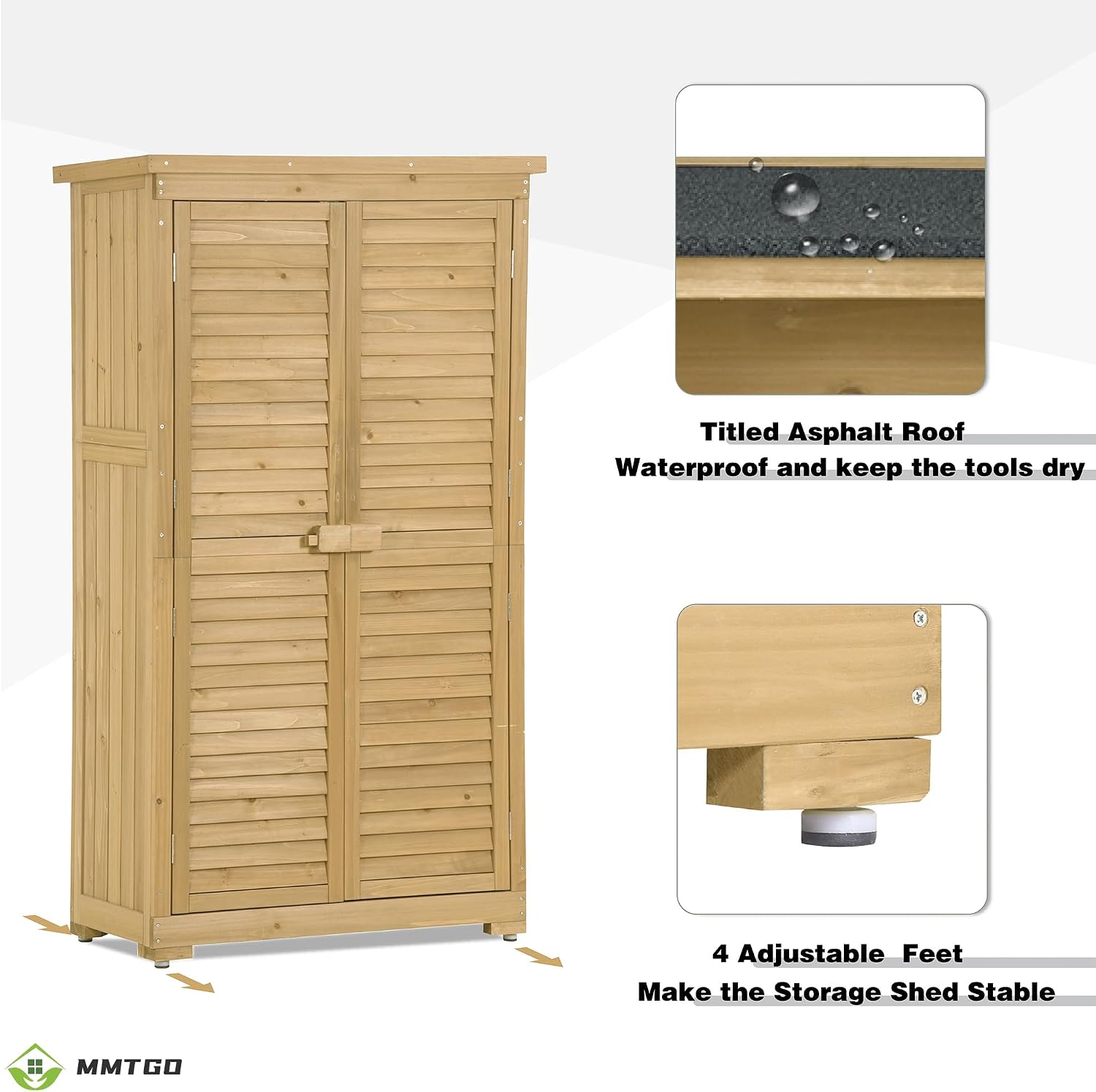 MMTGO 34.30" Outdoor Garden Storage Shed with 3-Tier Shelves, Wooden Latches and Water-Proof Roof, Solid Wood Tool Cabinet Organizer for Patio, Backyard, Lawn