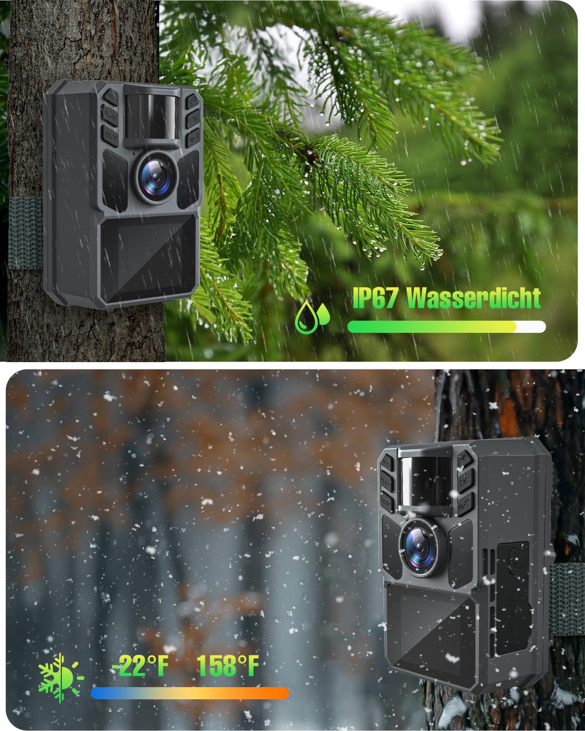 4K 64MP Wildkamera Solar, Eingebaute 5000mAh Lithium-Batterie, 0.2s Auslöser Bewegungsaktiviert, Wildtierkamera mit Nachtsicht, IP67 Wasserdicht, 120° Weitwinkel