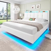 Brinlawb Polsterbett 180x200 cm Schwebebett mit LED-Beleuchtung und Ladestation 2 Steckdosen + 2 USB Doppelbett 180x200 cm mit gepolstertem geneigtem Kopfteil klappbar mit Stauraum Wei er Samt