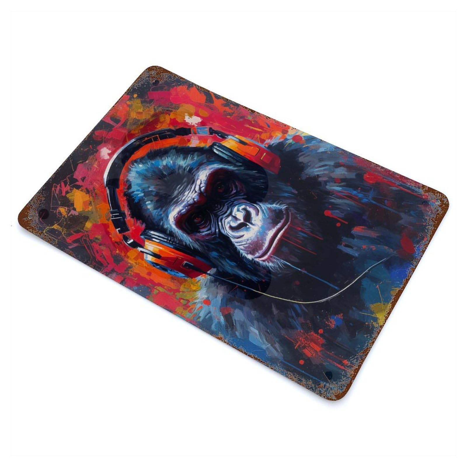 Distressed Metal Wall Sign Gorilla with Headphones 11.8"x7.9", Retro Wall Decor for Basement, Hobby Room And Garage Decor