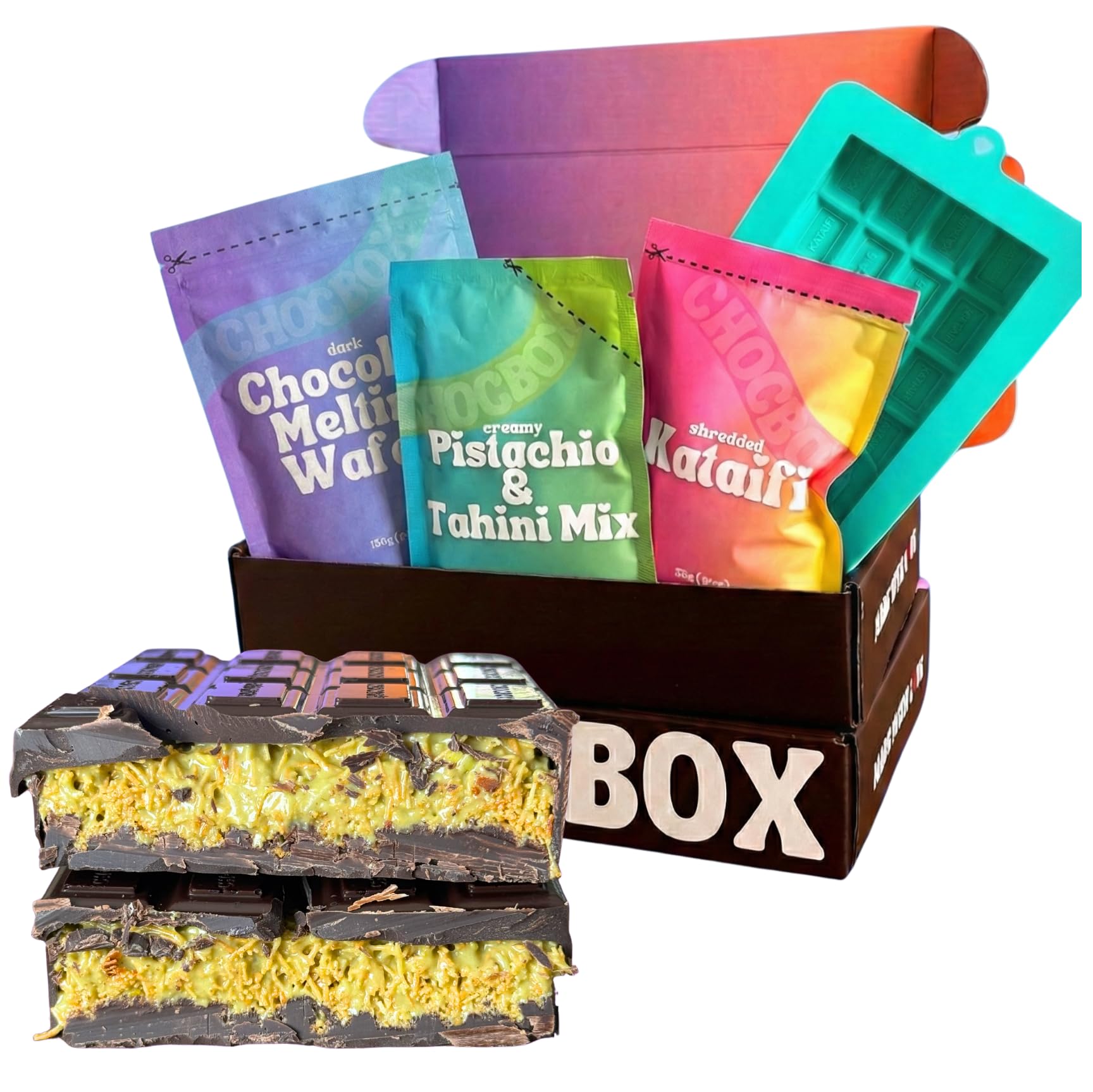 Chocbox Viral Dubai Dark Chocolate Bar Kit - Includes Chocolate Mold, Choc Wafers, Shredded Kataifi, Pistachio Cream - DIY Gift Box Dubai Kit - Great Gift for Choco Lovers