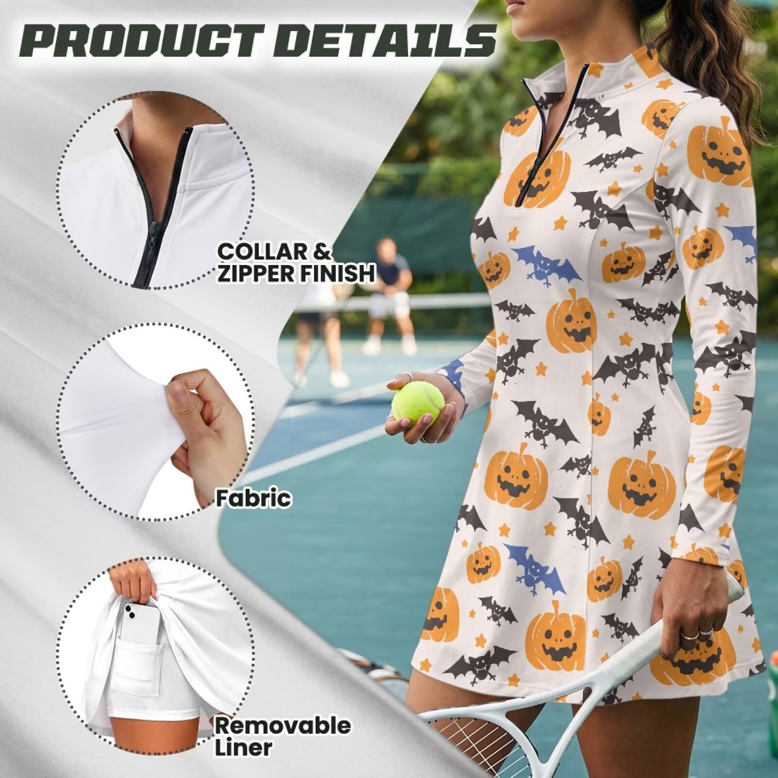 Xoenoiee Sukienka golfowa dla kobiet z szortami i kieszeniami, zamek błyskawiczny 1/4 z długim rękawem, mini sukienka tenisowa, sukienka sportowa, S-2XL