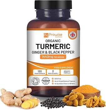 Turmeric Curcumin 1440mg with Black Pepper & Ginger I 120 Vegan Turmeric Capsules High Strength 2 Month Supply I Made in The UK by Prowise Healthcare