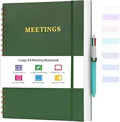 Meeting Notebook for Work, Notebooks for Work 8.5" x 11", Professional Meeting Notes Notebook for Women Men, Large Spiral Notebook with Numbered Page, Sticky Tabs, PVC Pockets for Organization, Green