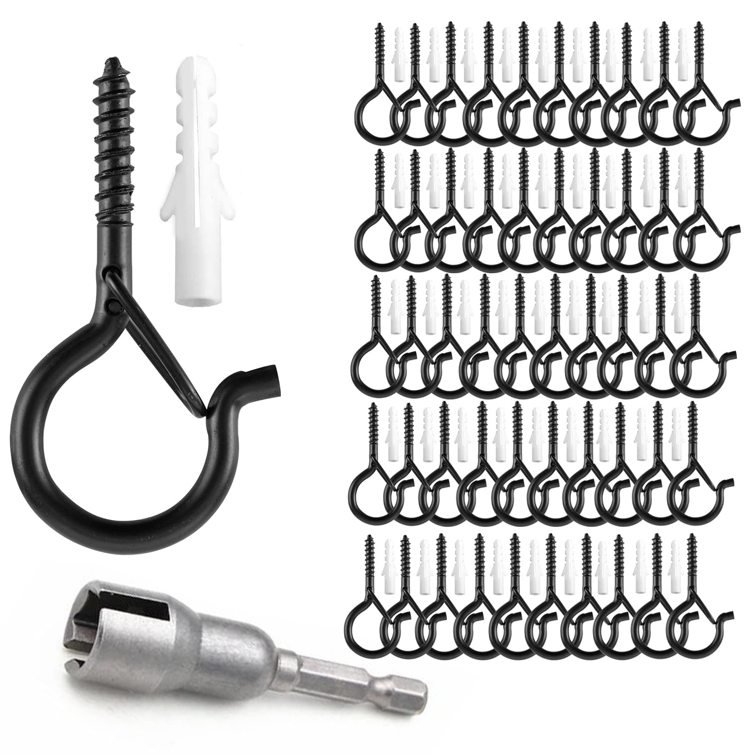 TAIHUIMY 50 PCS Q-Hanger Hooks with Safety Buckle, Windproof Screw Wall Ceiling Hooks for Outdoor String Lights Hanging Christmas Lights, Plants, with 1 Wing Nut Driver (Black, 50 Pack)