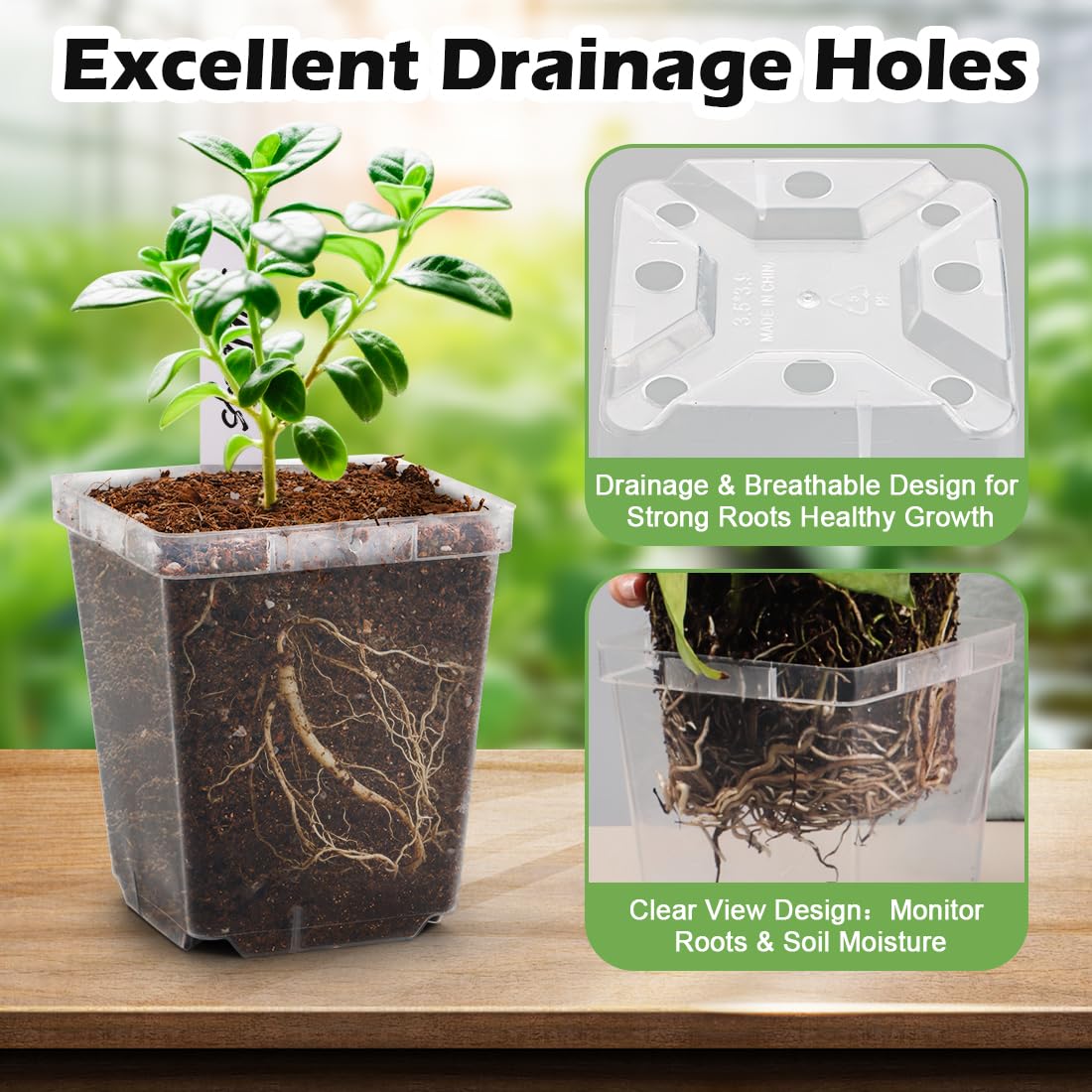 RooTrimmer Lot de 90 Pots de semis carrés Transparents de 8,3 cm avec Drainage, avec étiquettes de Plantes, Pots de semis réutilisables pour Plantes Grasses, Transplantation d'herbes, Fleurs, tomates