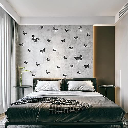 Miniatura 4 de Decoración de pared de espejo de mariposa, 50 calcomanías de pared de mariposa de espejo acrílico 3D extraíbles, calcomanías de pared autoadhesivas