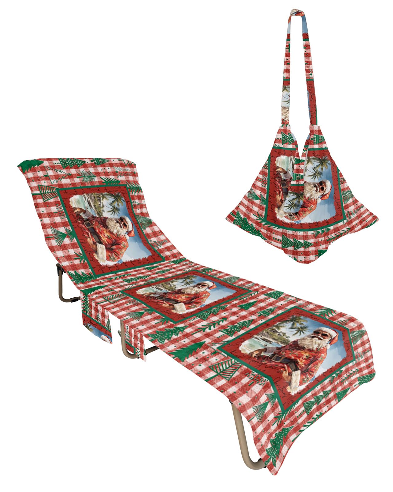Christmas Santa Beach Lounge Chair Towel Cover, Soft Chaise Lounge Towel with Side Pockets Patio Pool Chairs Cover for Beach/Pool Sunbathing 29x85 Green Xmas Tree Red Checkered Winter Snowflake