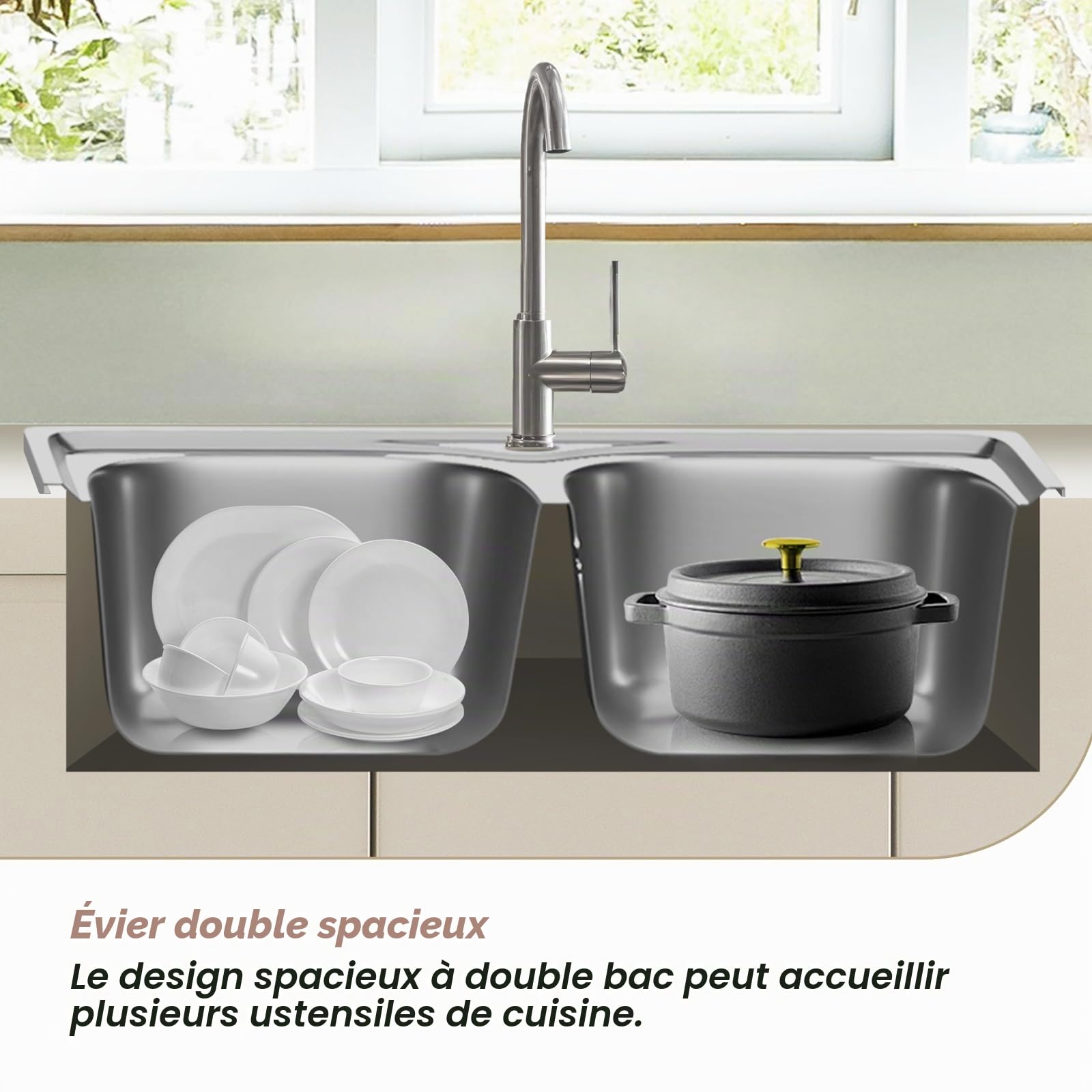 Évier de cuisine double en acier inoxydable - 1 bac et siphon (silvery, 80 * 50cm)