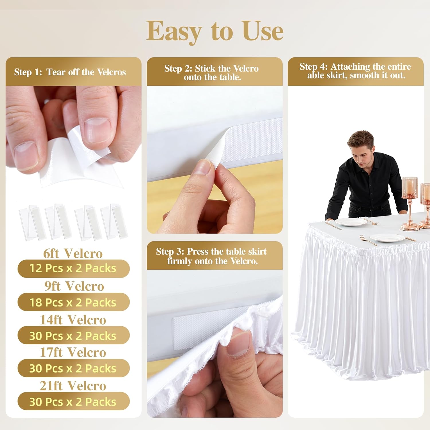 14Ft White Satin Table Skirt for Rectangle or Round Tables, Wrinkle-Free & Ruffle Pleated Teacher Desk Skirt Sparkly Spandex Table Skirting for Home Office & Kitchen, Trade Shows, Wedding Party Decor