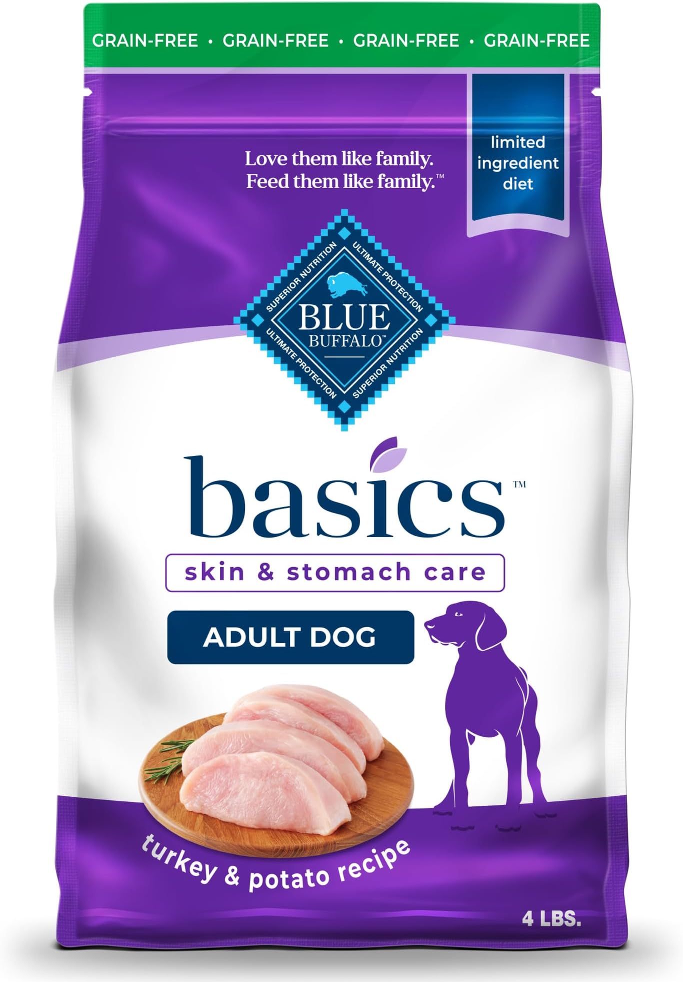Basics Grain-Free Adult Dry Dog Food, Skin & Stomach Care, Limited Ingredient Diet for Dogs, Turkey Recipe, 4-lb. Bag