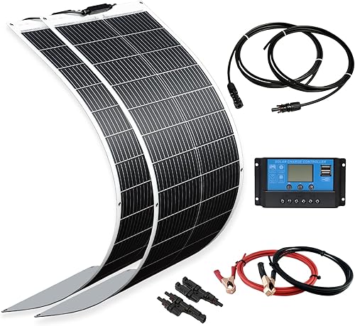 XINPUGUANG Panel solar flexible de 200 W 12 V, módulo de fibra de vidrio monocristalino de 2 x 100 W, cable solar controlador de 20 A para hogar,