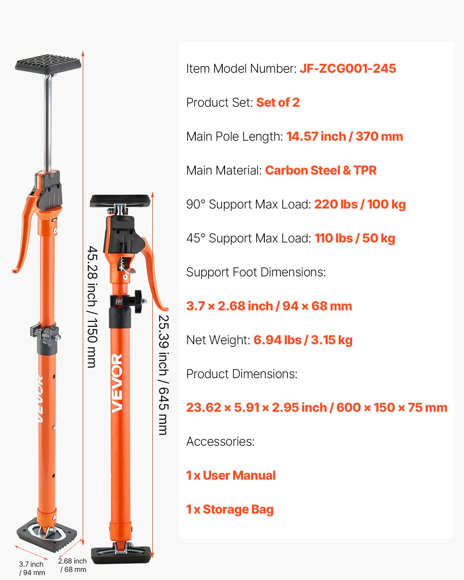 VEVOR Asta di Supporto per Martinetto, 2 Pezzi, Asta di Supporto Rapido Telescopica in Acciaio da 64,5-115 cm, Sistema Regolabile a 3 Mani con Capacità 100 kg per Sollevamento di Cartongesso