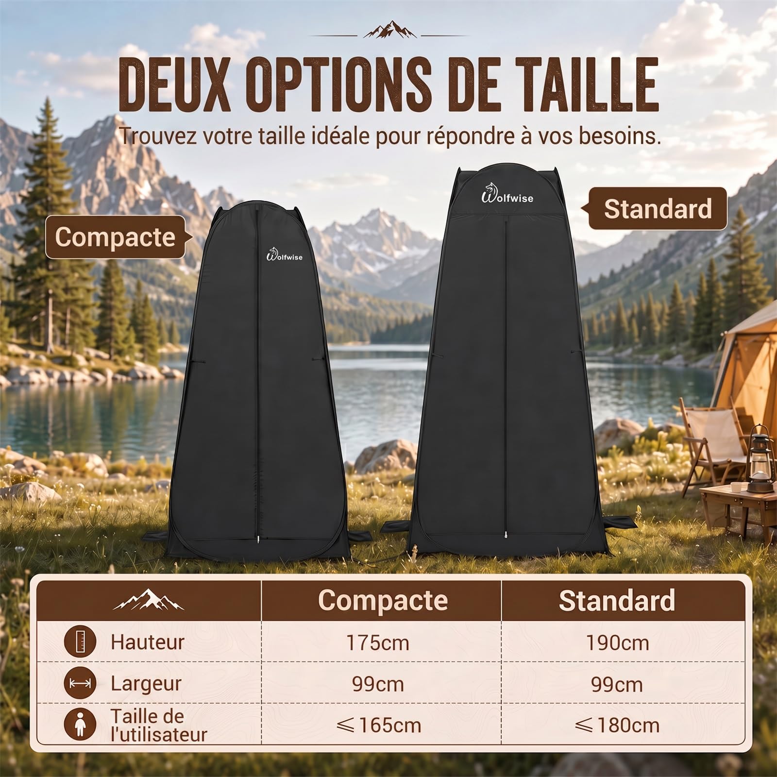 WolfWise Tente de Douche Pop Up Toilette Cabinet de Changement Camping Abri de Plein Air Vestiaire Extérieure Intérieure Portable, Largeur 39" (98 cm), Hauteur 69" (175 cm), Noir