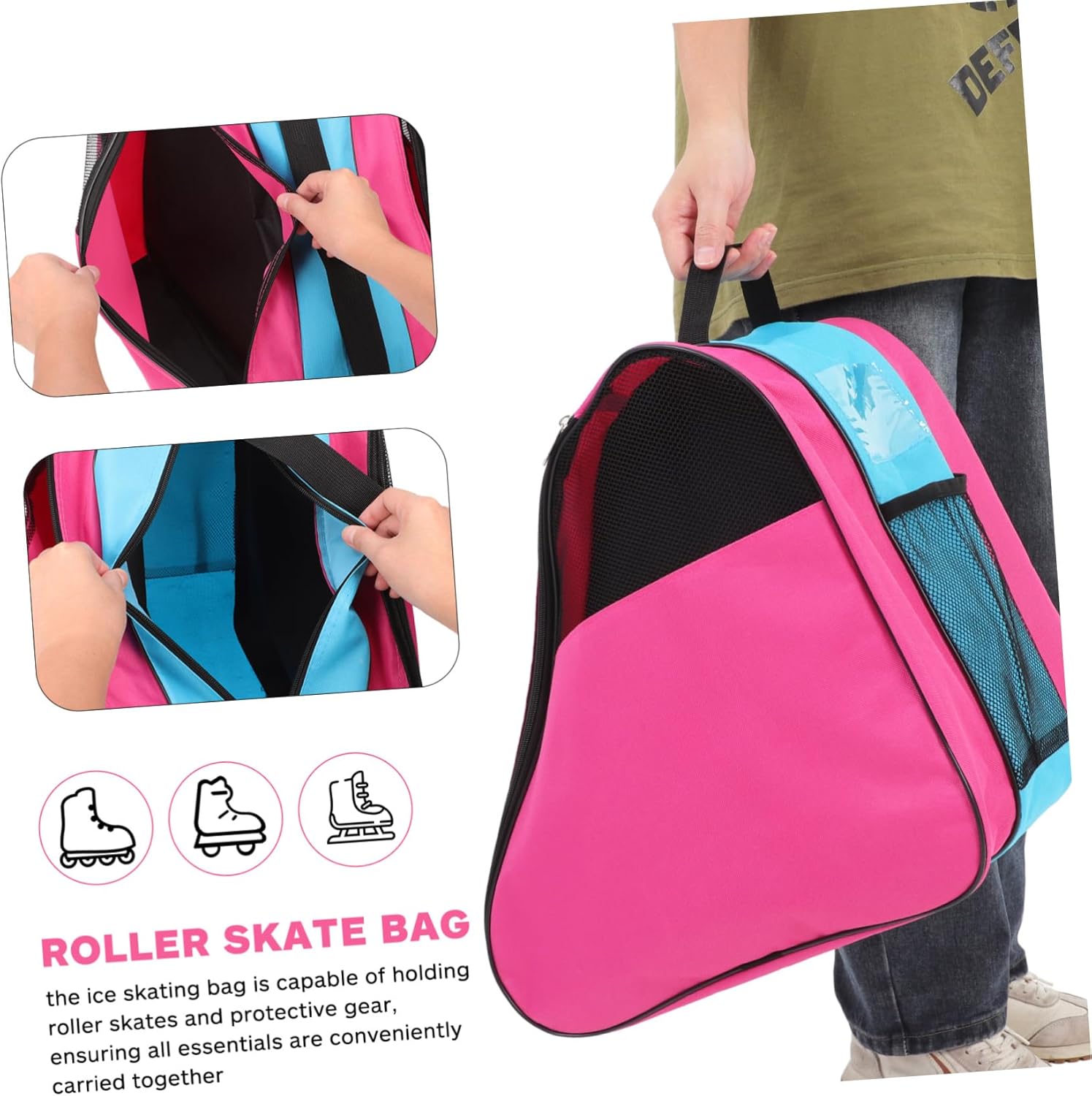 Roller Skate Backpack for Boys and Girls Lightweight and Sturdy Skating Bag Ample Space for Roller Skates and Protective Gear for Young Skaters Upgraded Design Pink and Blue