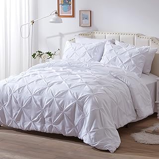 NexHome Queen Comforter Sets Pintuck White Comforter Set Soft Pinch Pleat Microfiber Lightweight Down Alternative All Season 3 Pieces Bedding Comforters & Sets（1 Comforter 2 Pillow Shams）