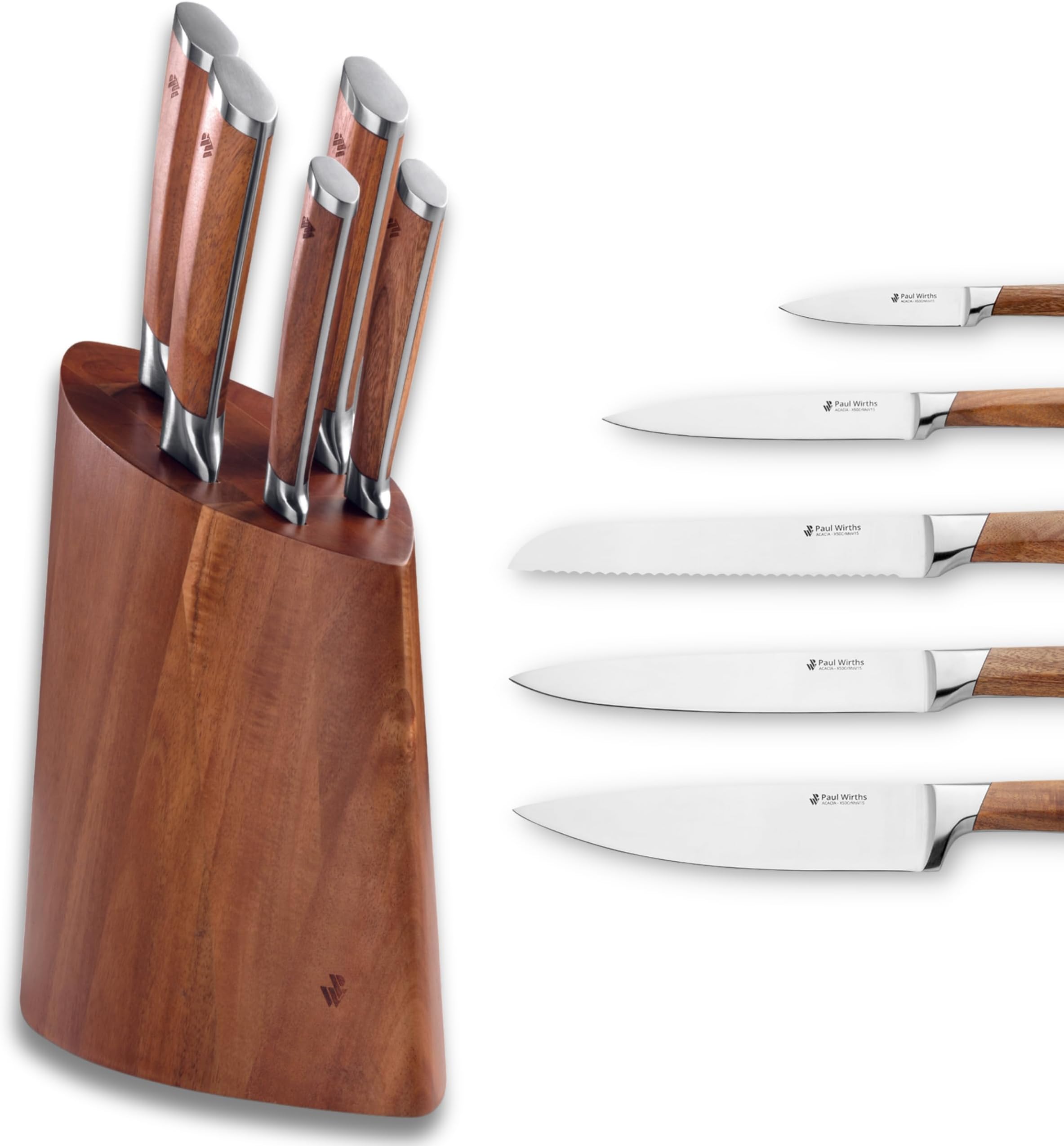 Paul Wirths ACACIA Knife Block Set | 5-Piece Knife Set | Bread Knife, Chef's Knife, Ham Knife, Auxiliary Knife, Spikes Knife, Stainless Steel | 30 x 13.5 x 37.5 cm | Acacia Wood