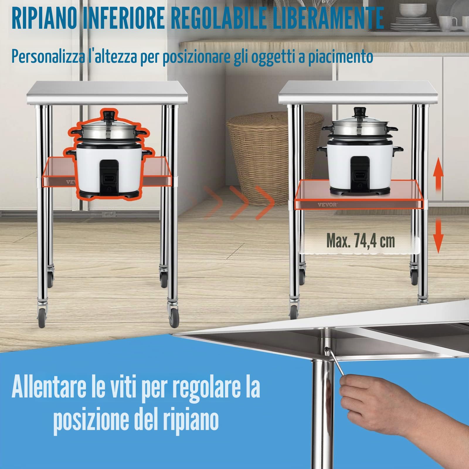 VEVOR Tavolo da Lavoro in Acciaio Inox con Ruote 61x61x91,4 cm, Tavolo di Preparazione 2 Ripiani Portata max. 272,4 kg, per Cucina Commerciale Altezza Ripiani Regolabile per Ristorante Bar