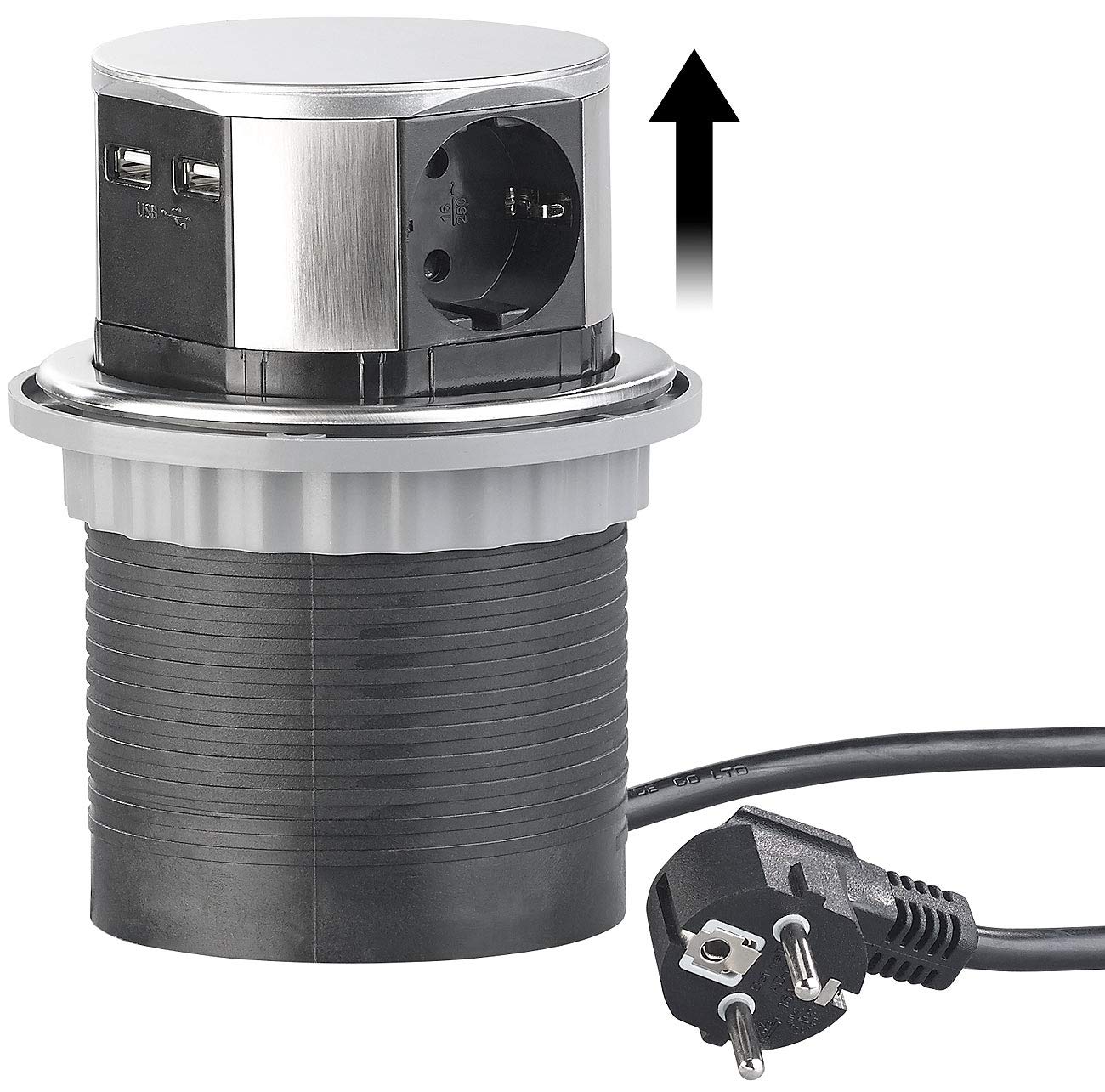 revolt Power Strips - incasso: Presa da tavolo a scomparsa Presa da tavolo da incasso, rotondo, 3x 230 Volt, 2x USB (scrivania a scomparsa, rotonda, hub)