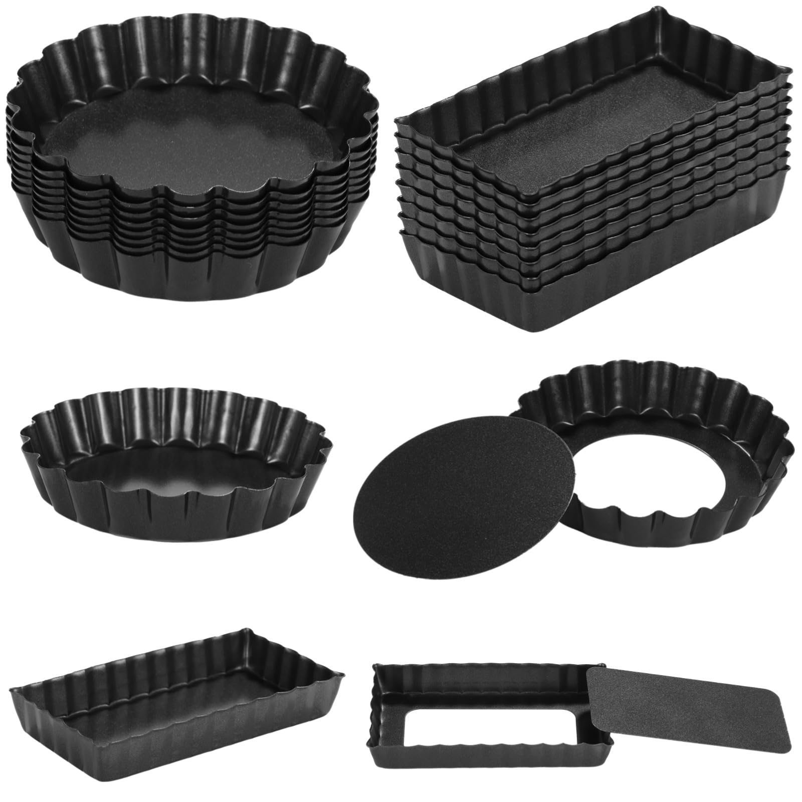 16 mini moldes para tartas, redondos y rectangulares, bandeja antiadherente para quiche con parte inferior extraíble, molde de acero al carbono de 4 pulgadas, juego de moldes laterales estriados para