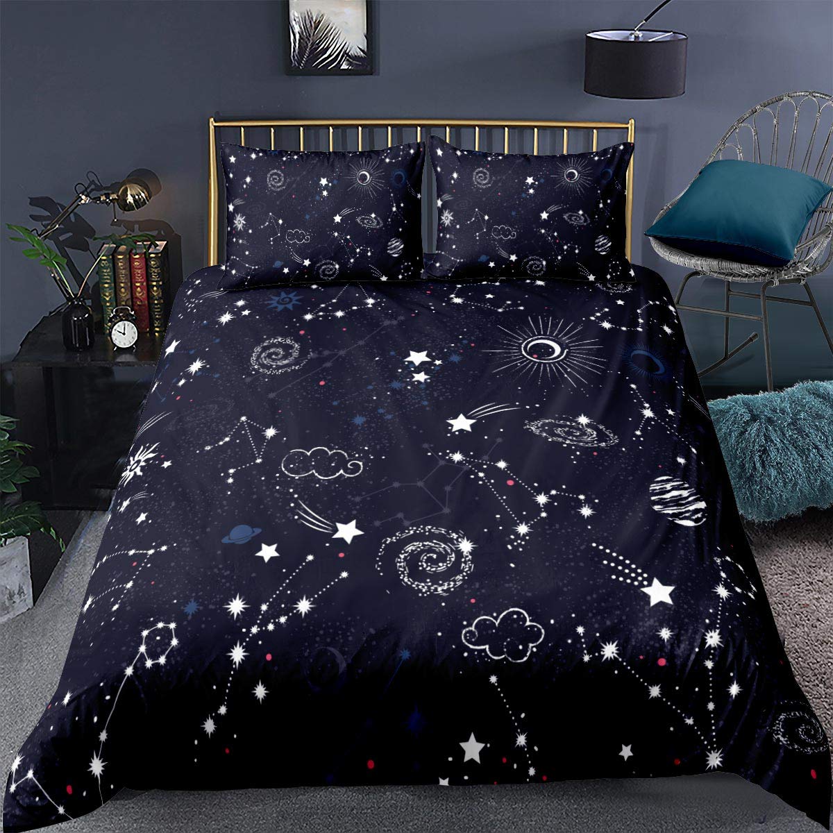 Loussiesd Constellation Comforter Cover Super King Planets ThemedDuvet Cover Set Star Galaxies Bedding Set with 2 Pillowcases Soft Microfiber Zipper Decorative Space Blue Bedspread Cover 3 Piece