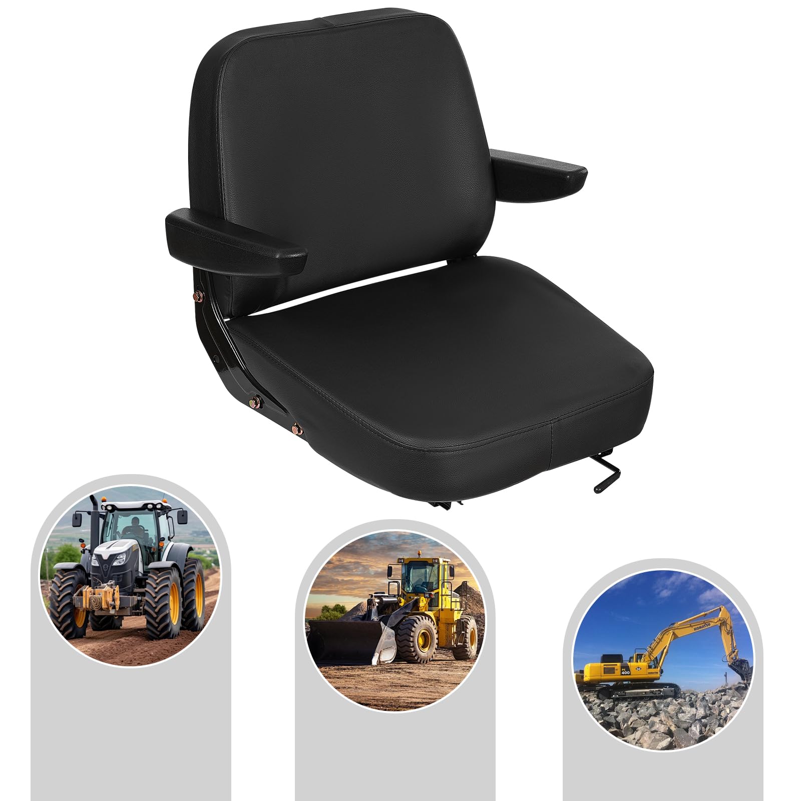 Asiento para carretilla elevadora con reposabrazos de piel sintética y metal, asiento de repuesto ajustable para tractores, cortacésped, excavadoras, negro con capacidad de carga de 100 kg