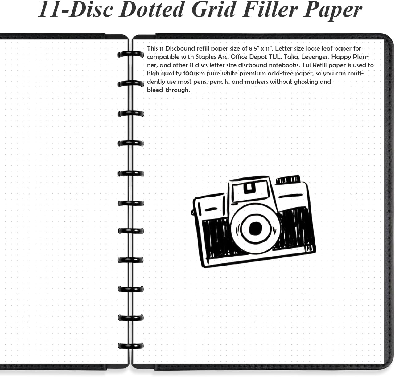 (3-Pack) A4 TUL Discbound Dotted Refills, 11-Disc Dot Grid Filler Paper, 300Sheets / 600Pages Loose-Leaf Paper, 100gsm White Paper, 8.5'' x 11''