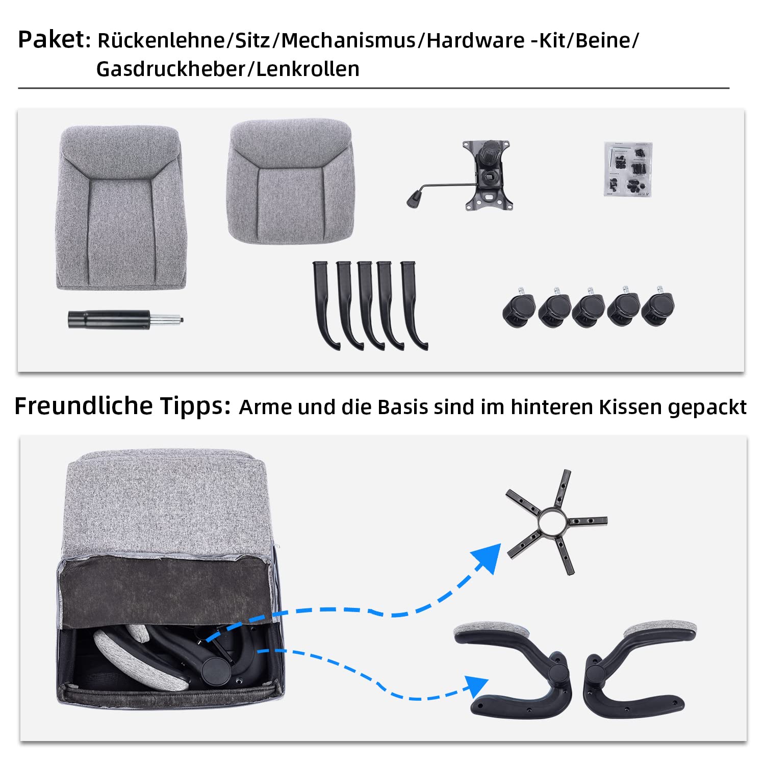 MZLEE Ergonomischer Bürostuhl Computerstuhl Schreibtischstuhl Drehbarer Arbeitsstuhl mit hochklappbarer Armlehne, höhenverstellbar, Bequem für Büro Heim Gaming (Grauer Stoff)