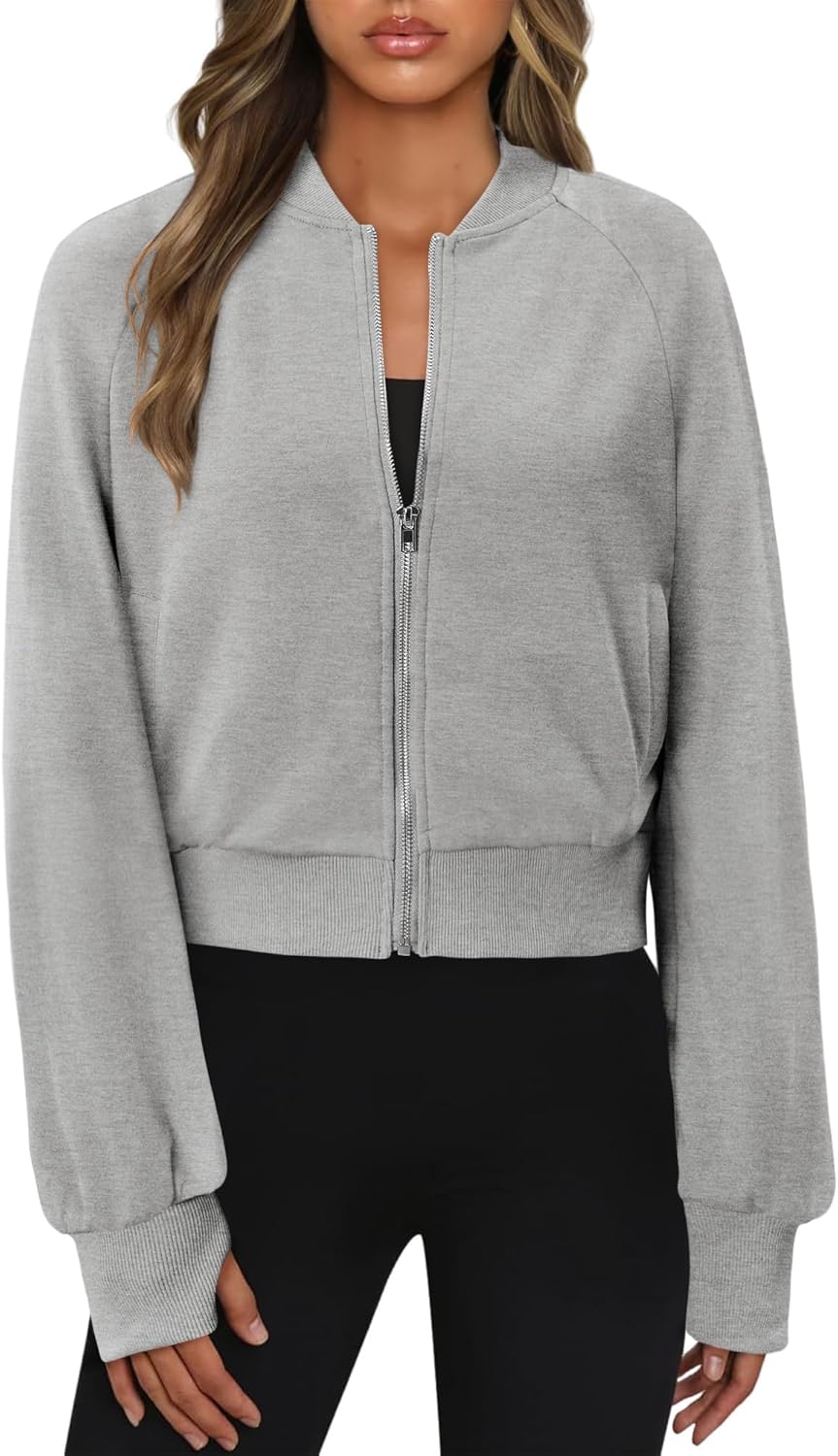 CRAZY GRID Womens Fashion Full Zip Up Jacket Comfy Long Sleeve Cropped Gym Top Solid Color Outfits with Pockets - Image 3