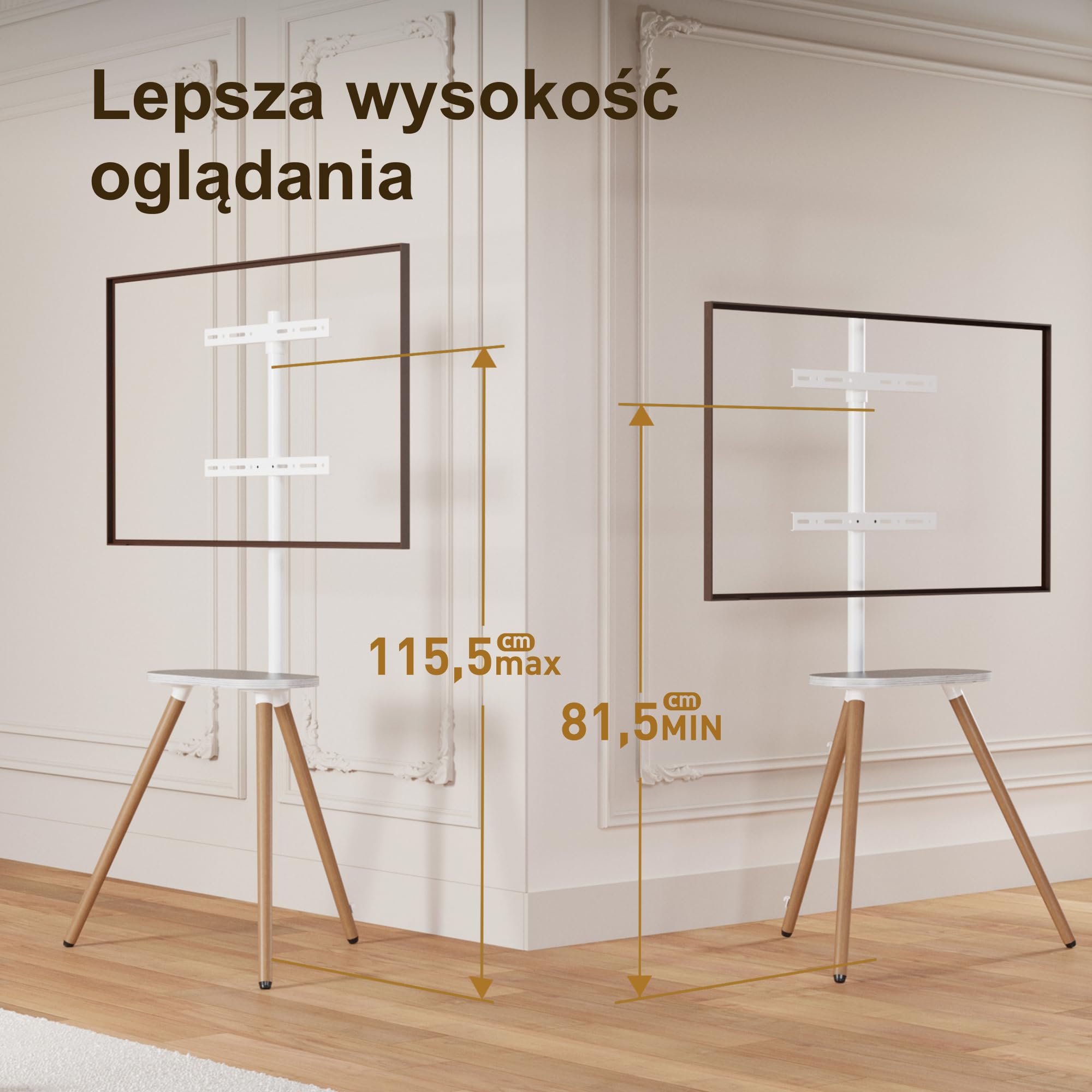 Stojak pod telewizor typu sztaluga (trójnóg) do ekranów 43–65 cali – przenośny, regulowany stojak podłogowy (narożny) z drewnianą półką, VESA 400x400 mm – minimalistyczny design, kolor Biały
