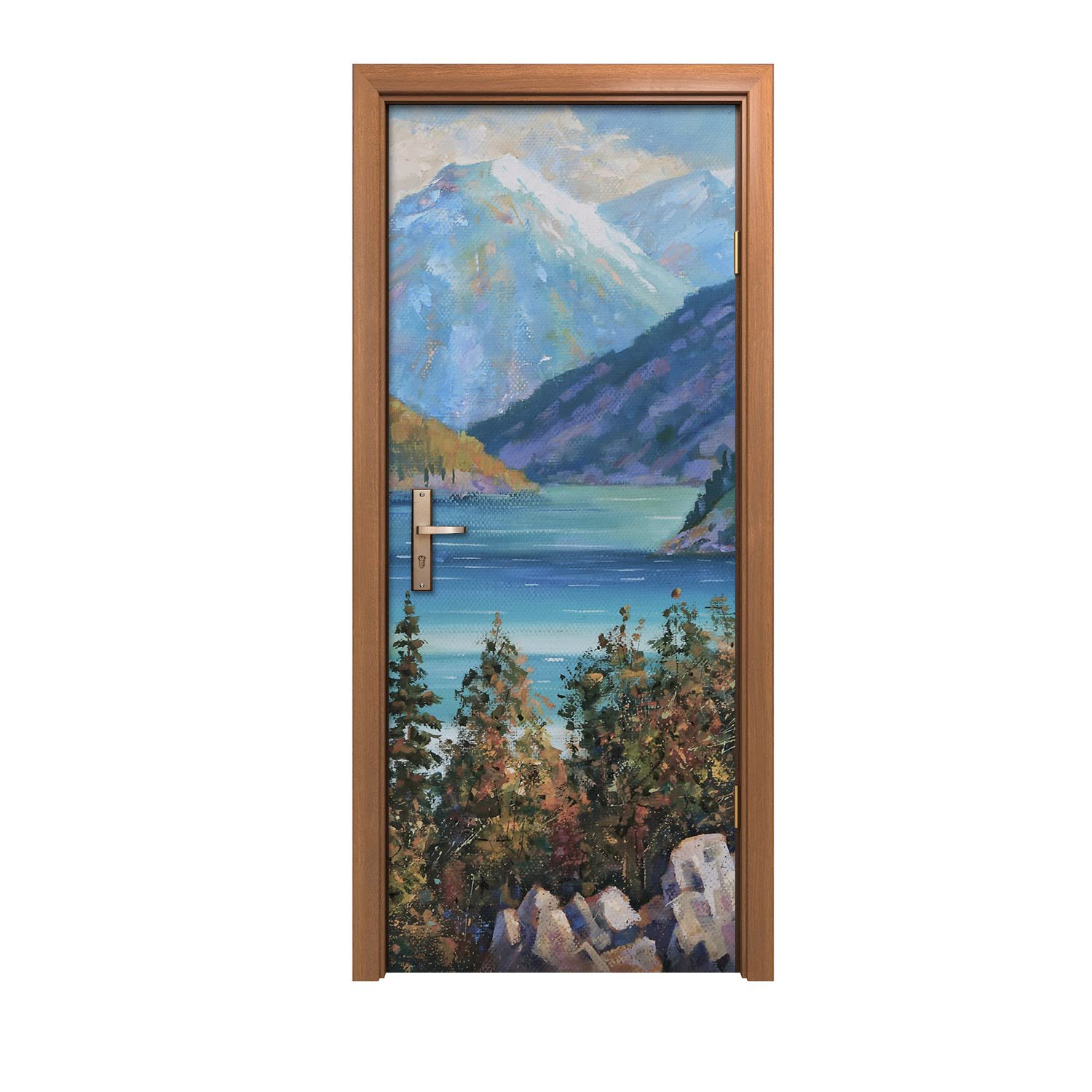 Painting mountains lake autocollant de porte déco murale 90x200cm