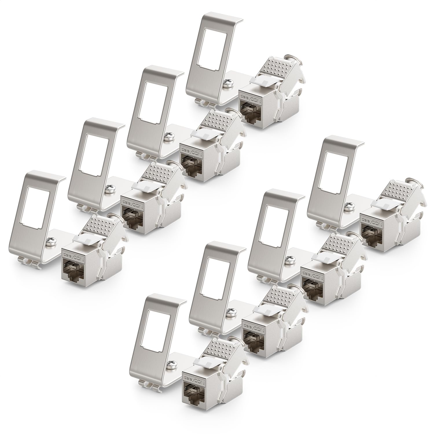 deleyCON 8x CAT6a Keystone Jack Module Avec 8x 1-Port Adaptateur Pour Profilé Chapeau Comme Set Métal STP Blindage RJ45 Femelle 10 Gbit/s Réseau Montage Snap-In Pour Profilés Chapeau 35mm