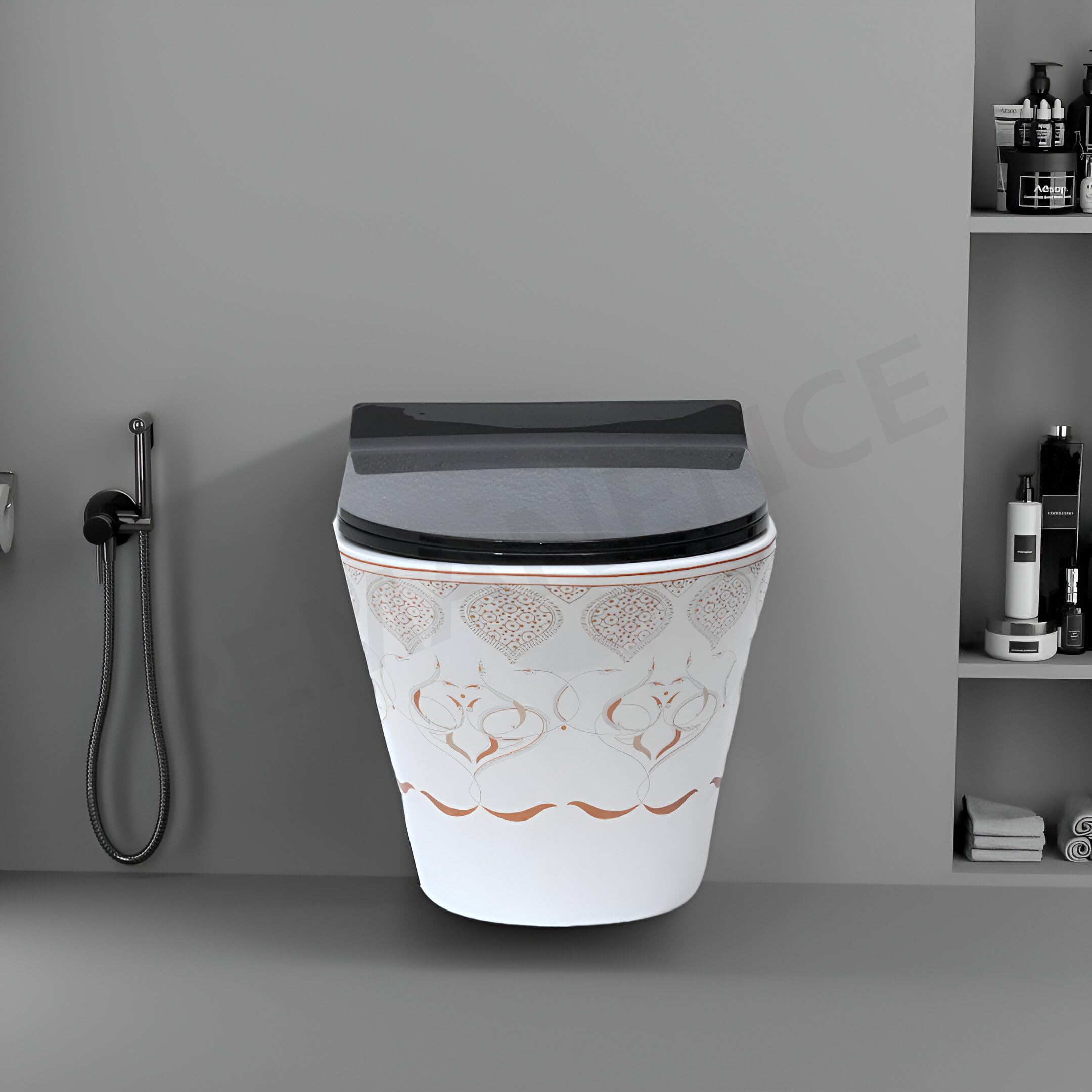 REMANENCE Ceramic Wall Mount Western Toilet Commode for Bathrooms | Moroccan Design With Soft Close Seat Cover (LWH07, 51.8 x 37 x 36 cm)