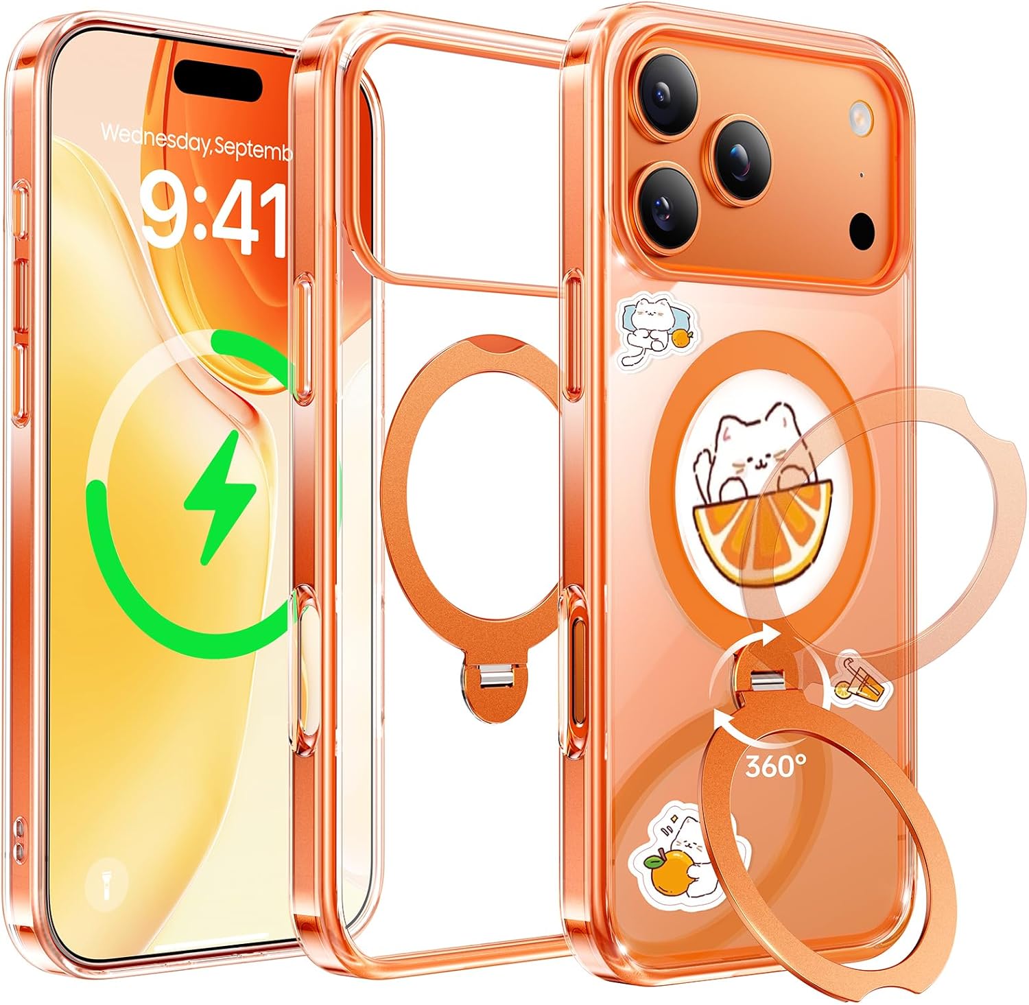 for iPhone 17 Pro Case 2025 (Compatible with MagSafe) (Military Protection) with 360° Spin Stand (DIY Cute Stickers) Anti-Yellow Clear Slim for 17 Pro Phone Case 6.3", Orange