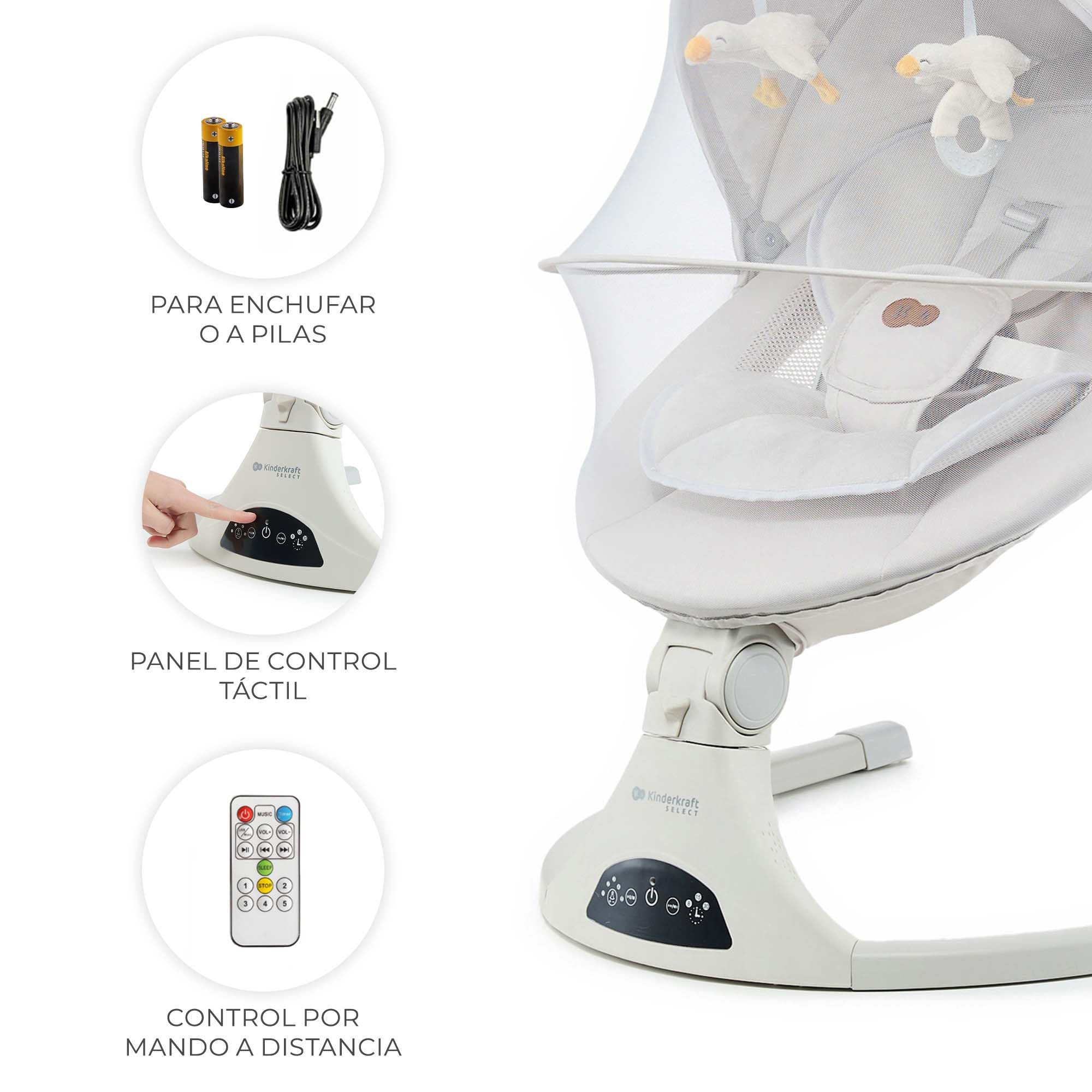 Kinderkraft TULSY Balancín eléctrico para bebé, 5 niveles de intensidad, silla saltante para bebés, 12 melodías preestablecidas, juguetes desmontables, ajustable, ligero, Bluetooth y USB, arnés de 5