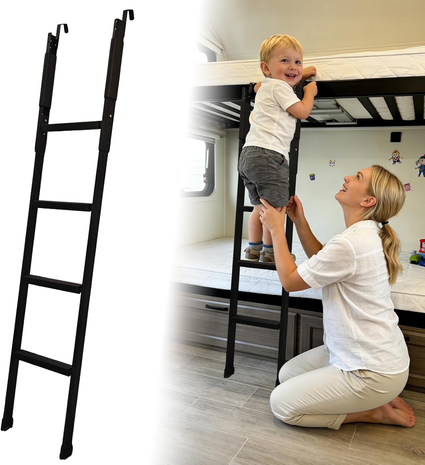 Bunk Bed Ladder, 52"-64" Height Adjustable RV Bunk Ladder with 4 Wider Anti-Slip Steps, Heavy Duty Bunk Bed Stairs Only for Dorm, Loft Bed, Camper, Trailer, Bunkhouse, Ladder for Bunk Bed Load 350 LBS