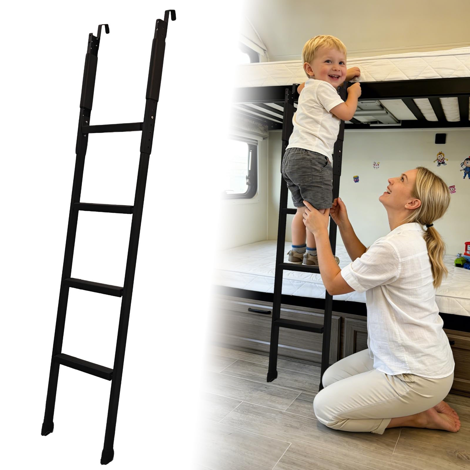 Bunk Bed Ladder, 52-64 inch Height Adjustable RV Bunk Ladder with 4 Wider Anti-Slip Steps