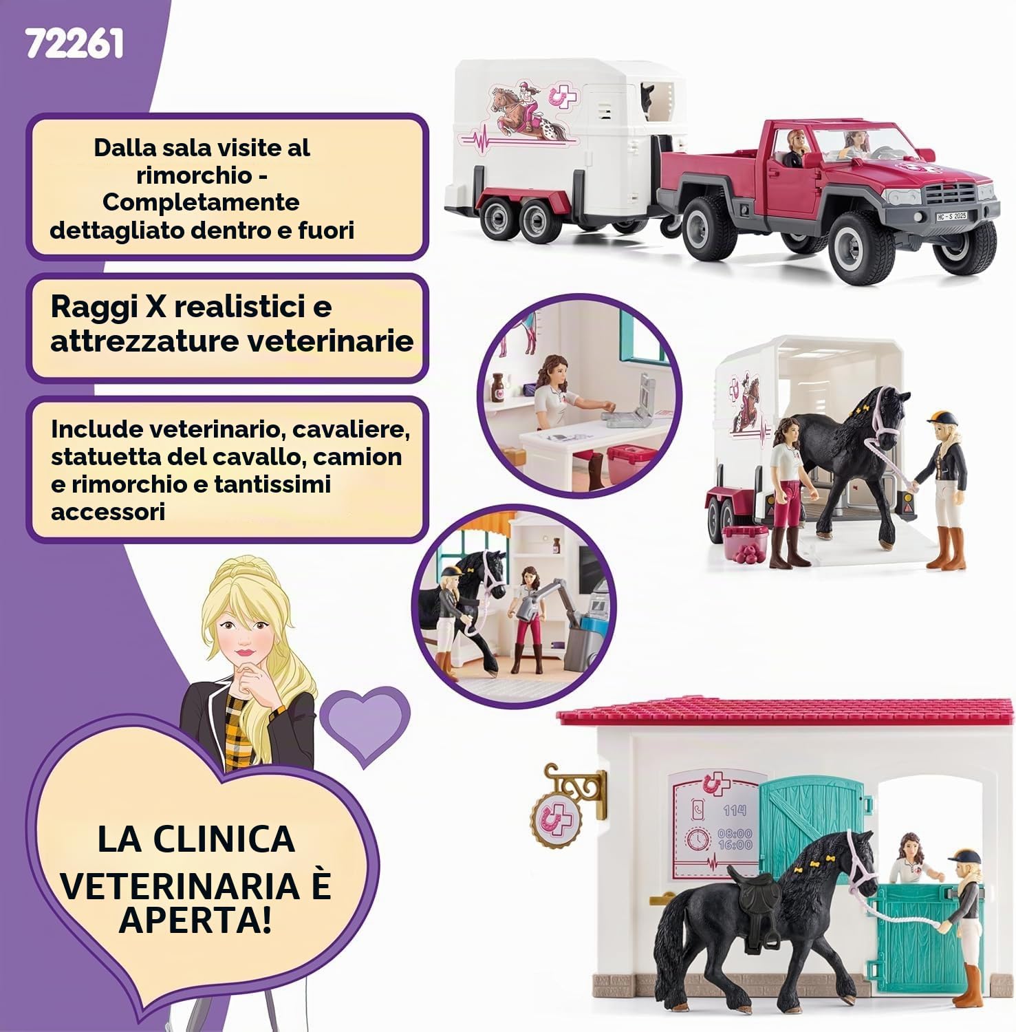 Schleich Horse Club | Visita dal Veterinario 72261 | dai 5 Anni | 61 Pezzi | Set con casa, pick-up, rimorchio, 2 figure snodabili, cavallo e accessori | Regalo per bambini dai 5 anni | Set da 61 pezzi