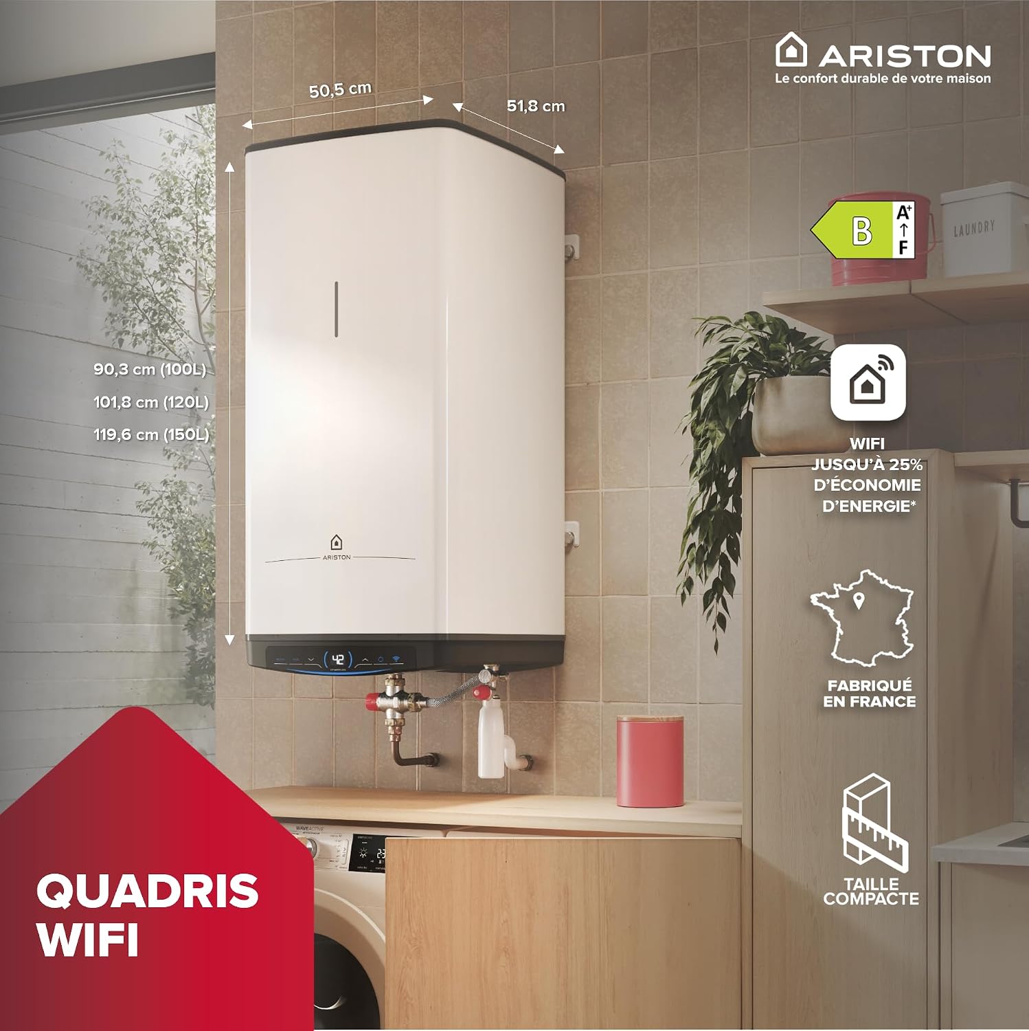 Chauffe-eau QUADRIS mural – vue produit compacte et design carré