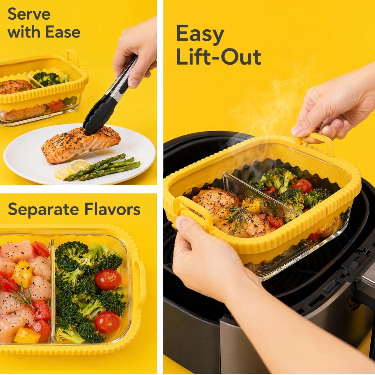 2 Pz Pirofila Airfryer con 1 Pinze da Cucina, Teglia Vetro da Forno con Manici in Silicone rimovibili Pirofila in Vetro Compatibile con Ninja AF400EU/DZ400EU/SL400EU/COSORI/AF500EU, Giallo