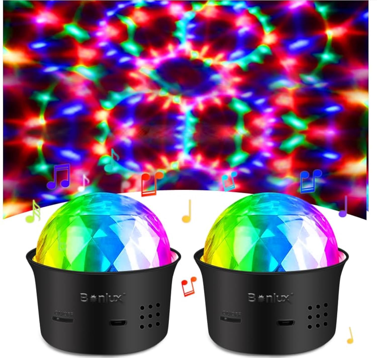 Bonlux Kula dyskotekowa 5 V, oświetlenie imprezowe, efekty świetlne, efekty świetlne RGB, oświetlenie imprezowe, sterowane głosem, USB, nastrojowe światło z 7 kolorami, 4 jasnościami i pilotem zdalnego sterowania, do pokoju dziecięcego, na imprezę, 2 sztu