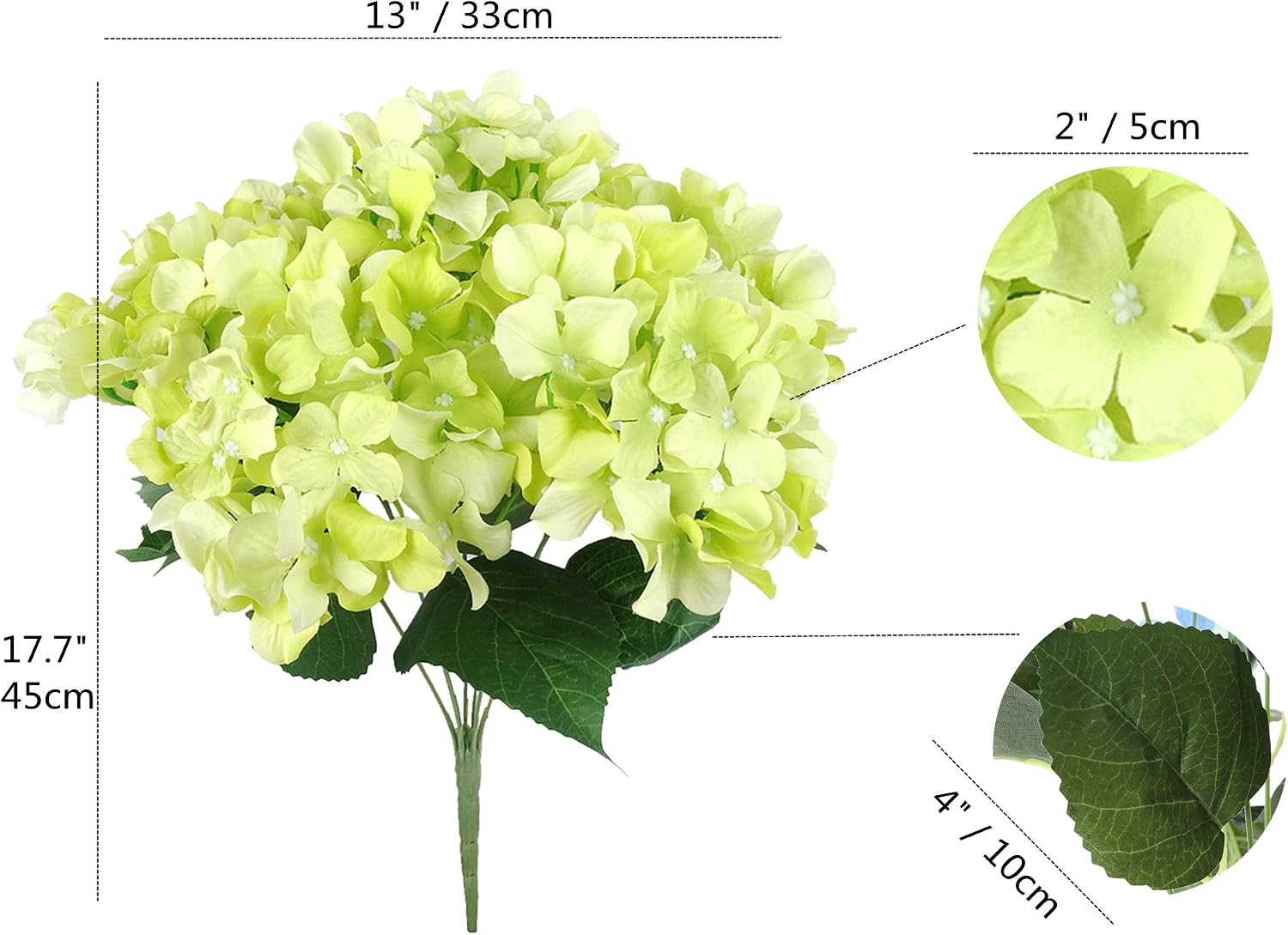 Felice Arts Artificial Flowers 18" Silk 7 Big Head Hydrangea Bouquet for Wedding,Room,Home,Hotel,Party Decoration(Green)