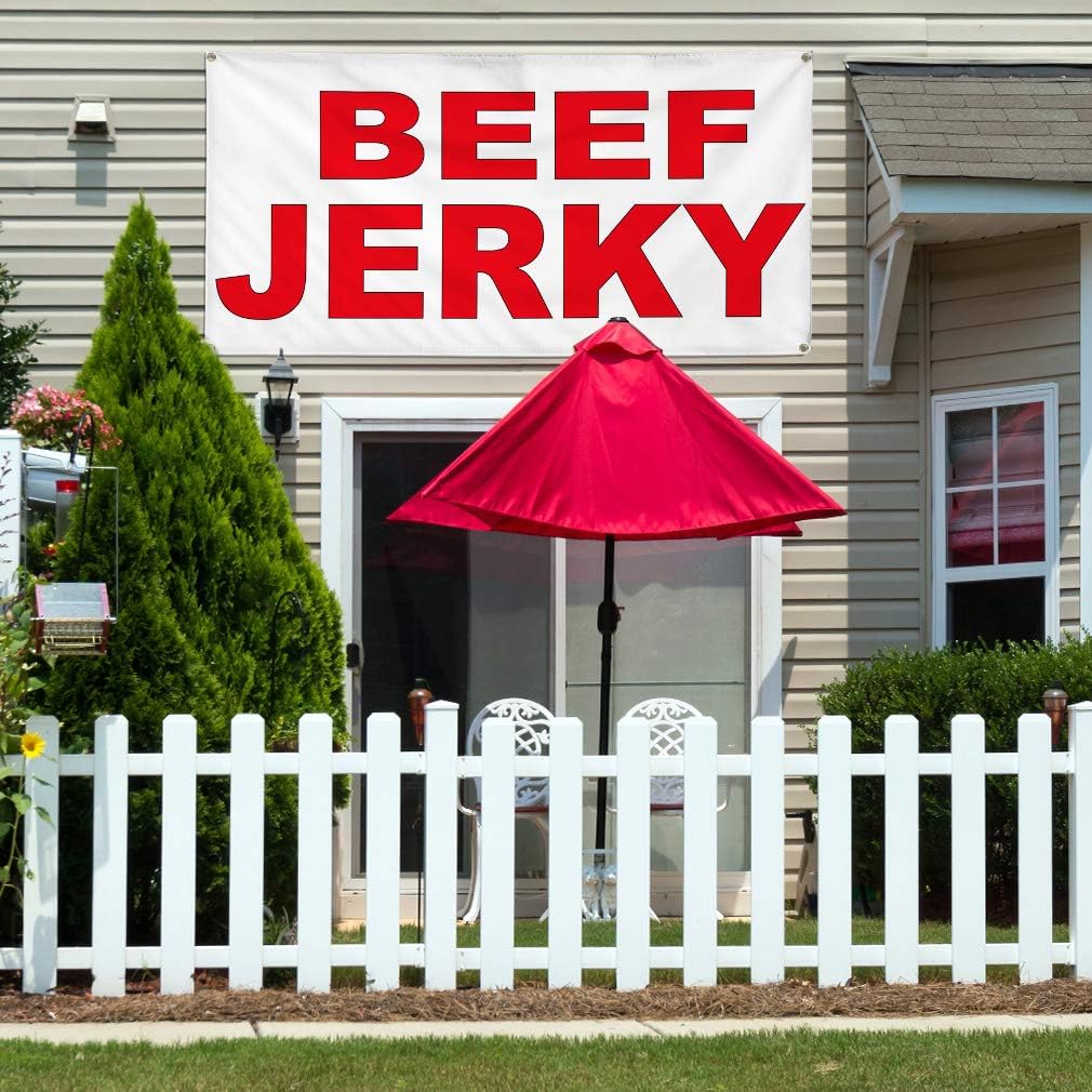 Vinyl Banner Multiple Sizes Beef Jerky Red Food Bar Restaurant Truck Restaurant & Food Outdoor Weatherproof Industrial Yard Signs 4 Grommets 24x36Inches